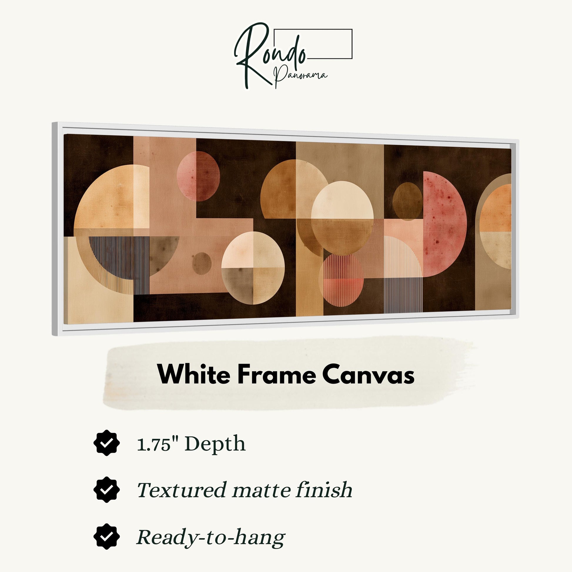 The image is a white frame canvas with a geometric abstract design featuring circles and rectangles in various shades of brown and beige.
