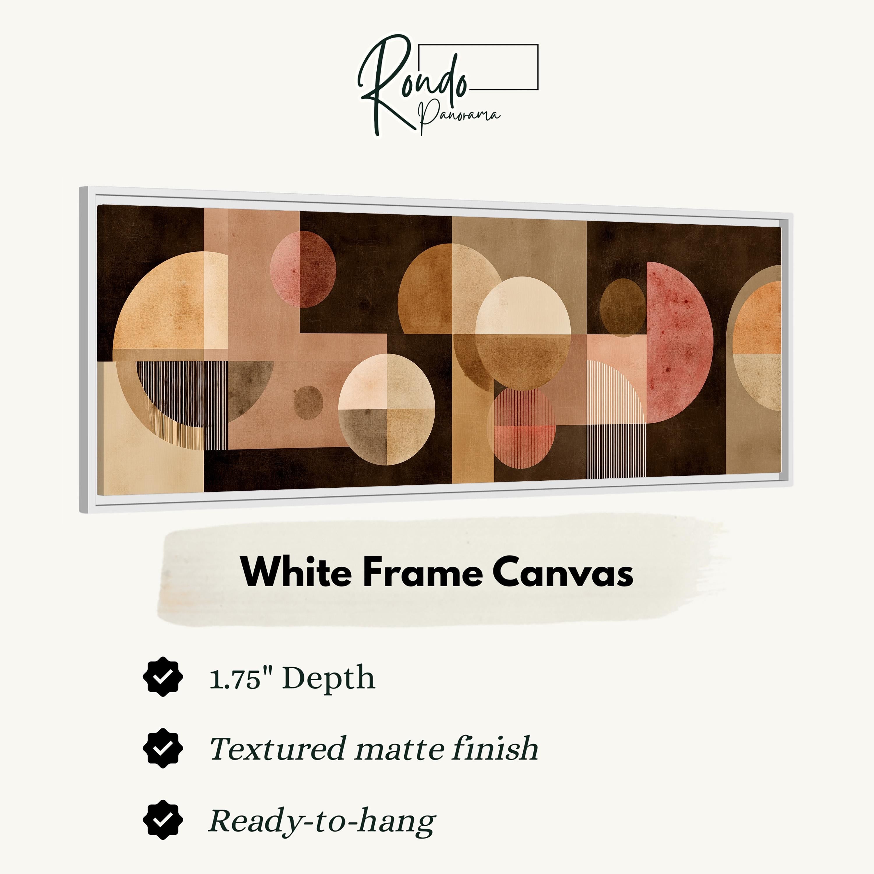 The image is a white frame canvas with a geometric abstract design featuring circles and rectangles in various shades of brown and beige.
