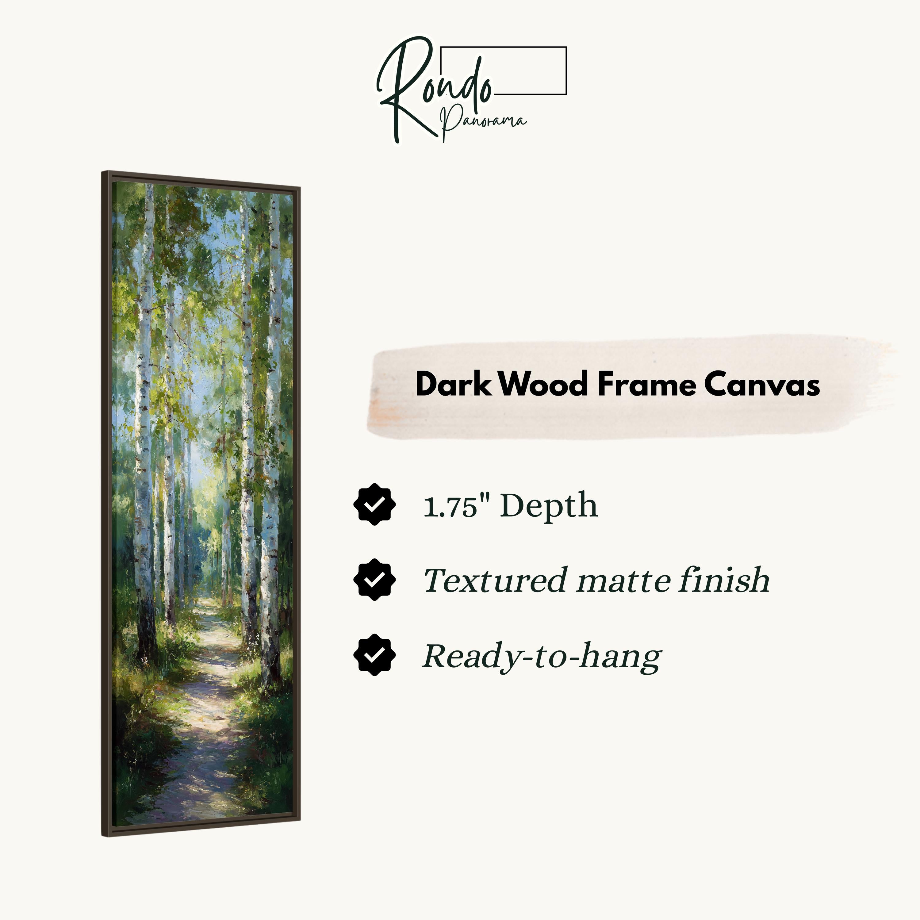 The image is a painting of a forest path with tall trees, and it is described as a "Dark Wood Frame Canvas" with a 1.75" depth, a textured matte finish, and a ready-to-hang feature.