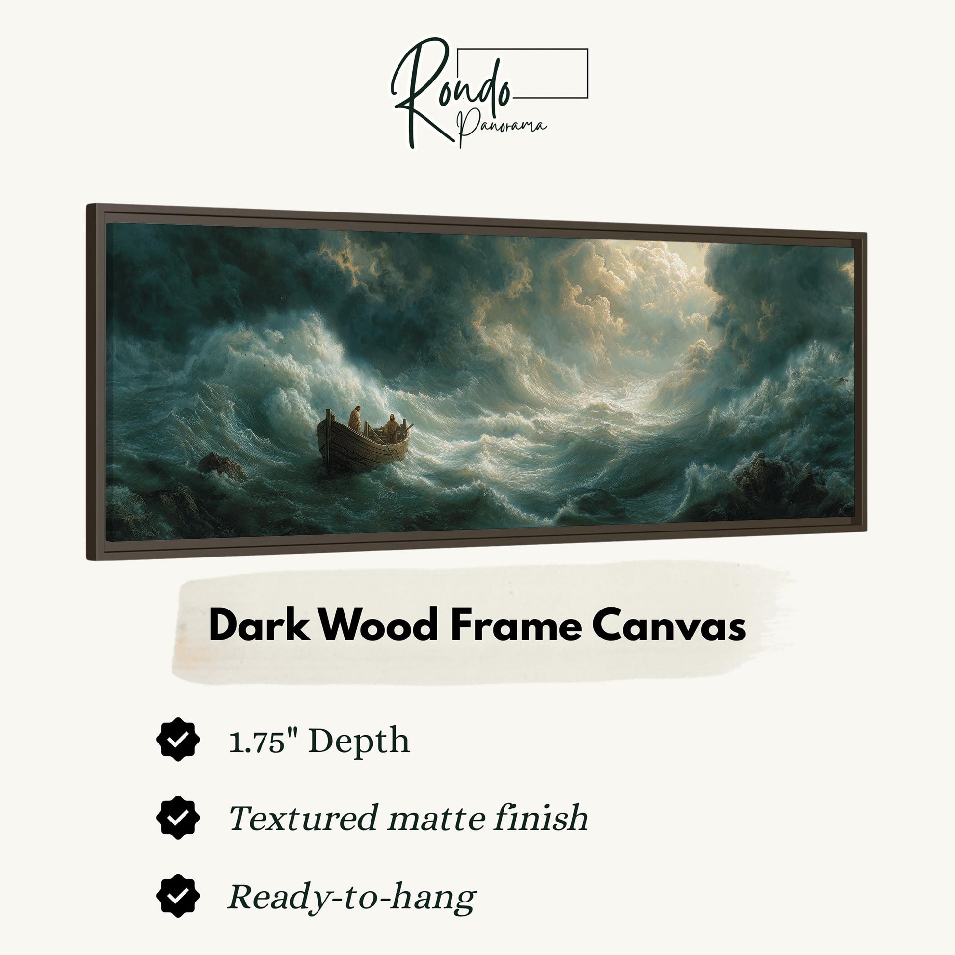 The image is a dark wood frame canvas depicting a stormy sea with a small boat.