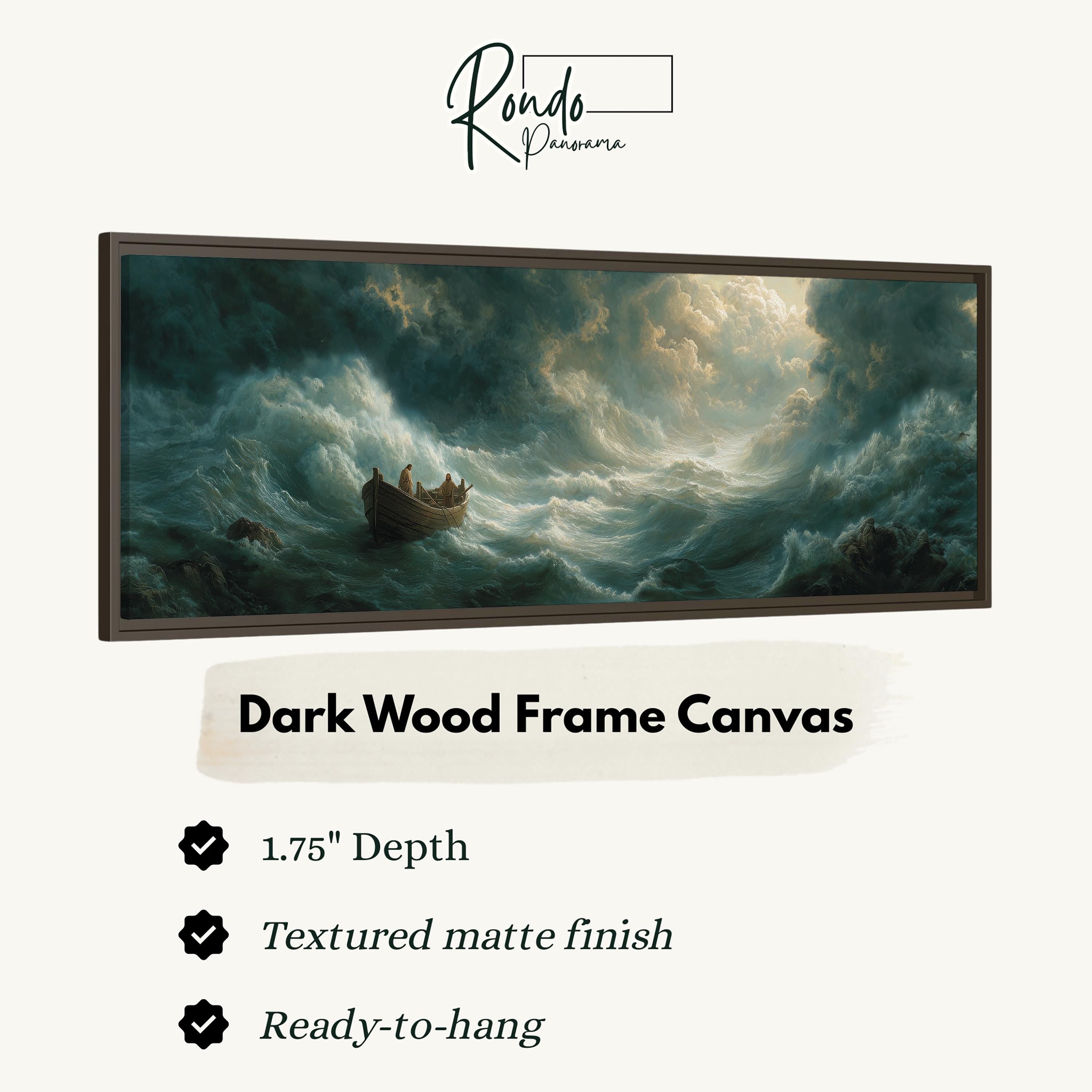 The image is a dark wood frame canvas depicting a stormy sea with a small boat.