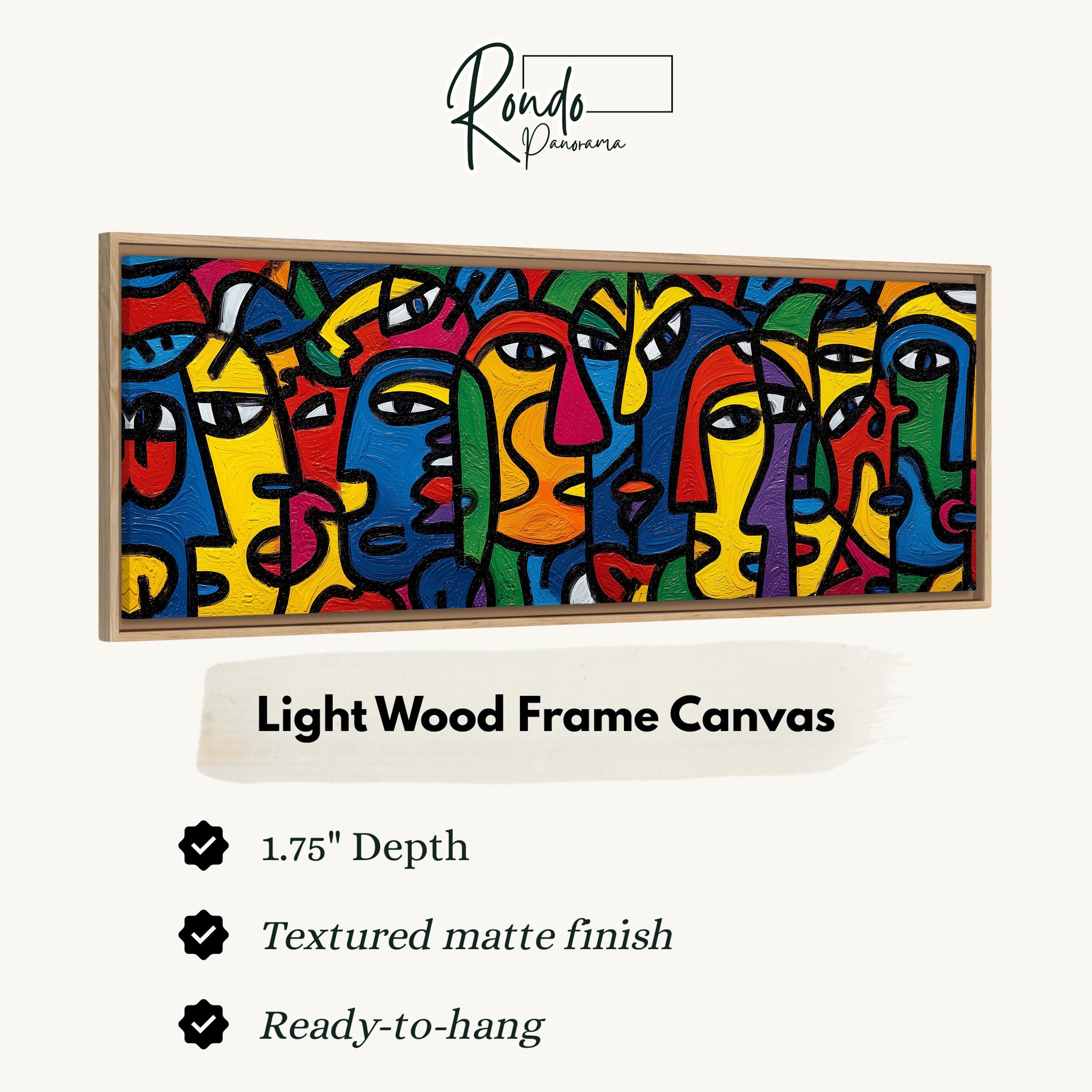 The image is a framed artwork depicting a colorful abstract painting of stylized human faces.