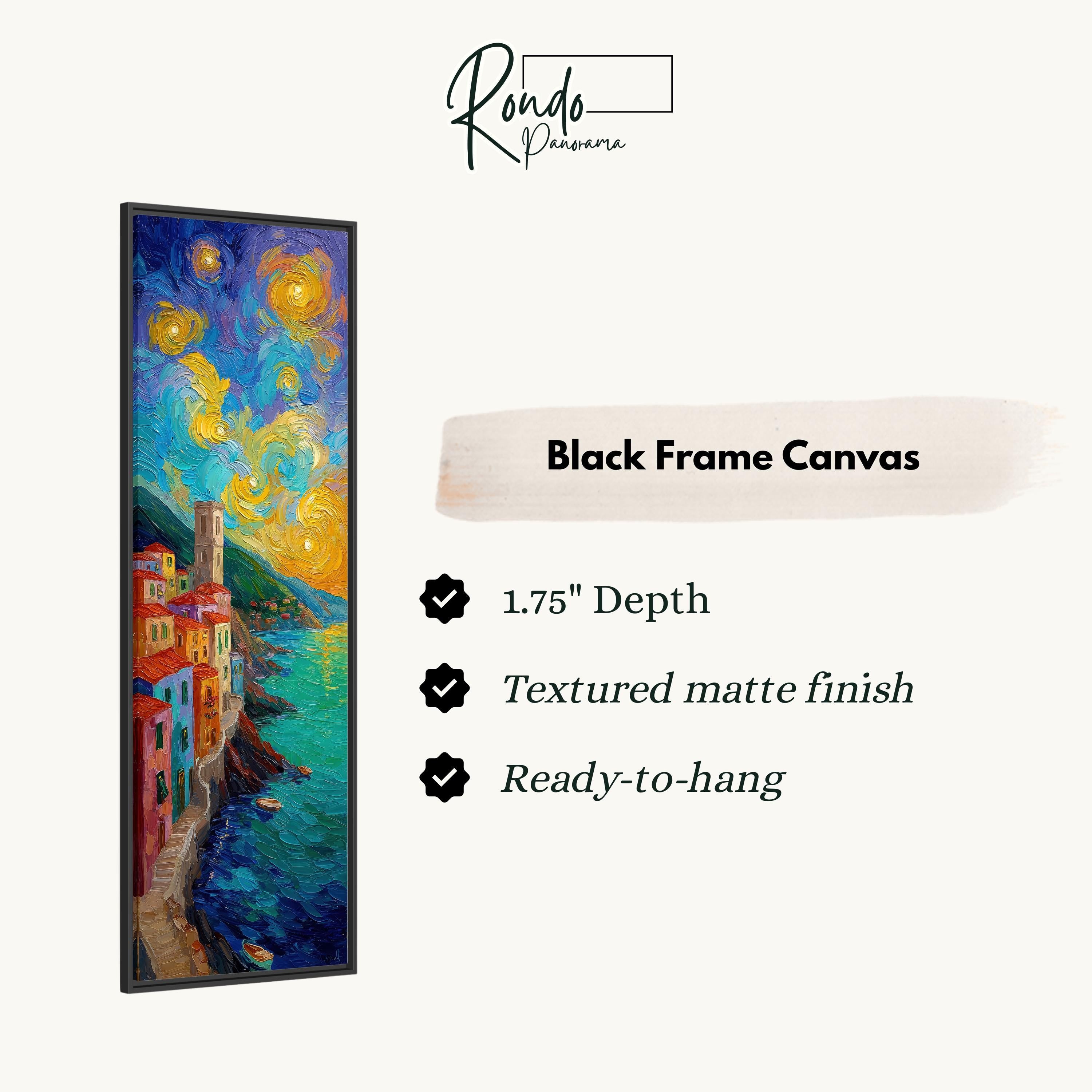 The image is a black frame canvas depicting a colorful painting of a coastal town with a starry sky in the background.