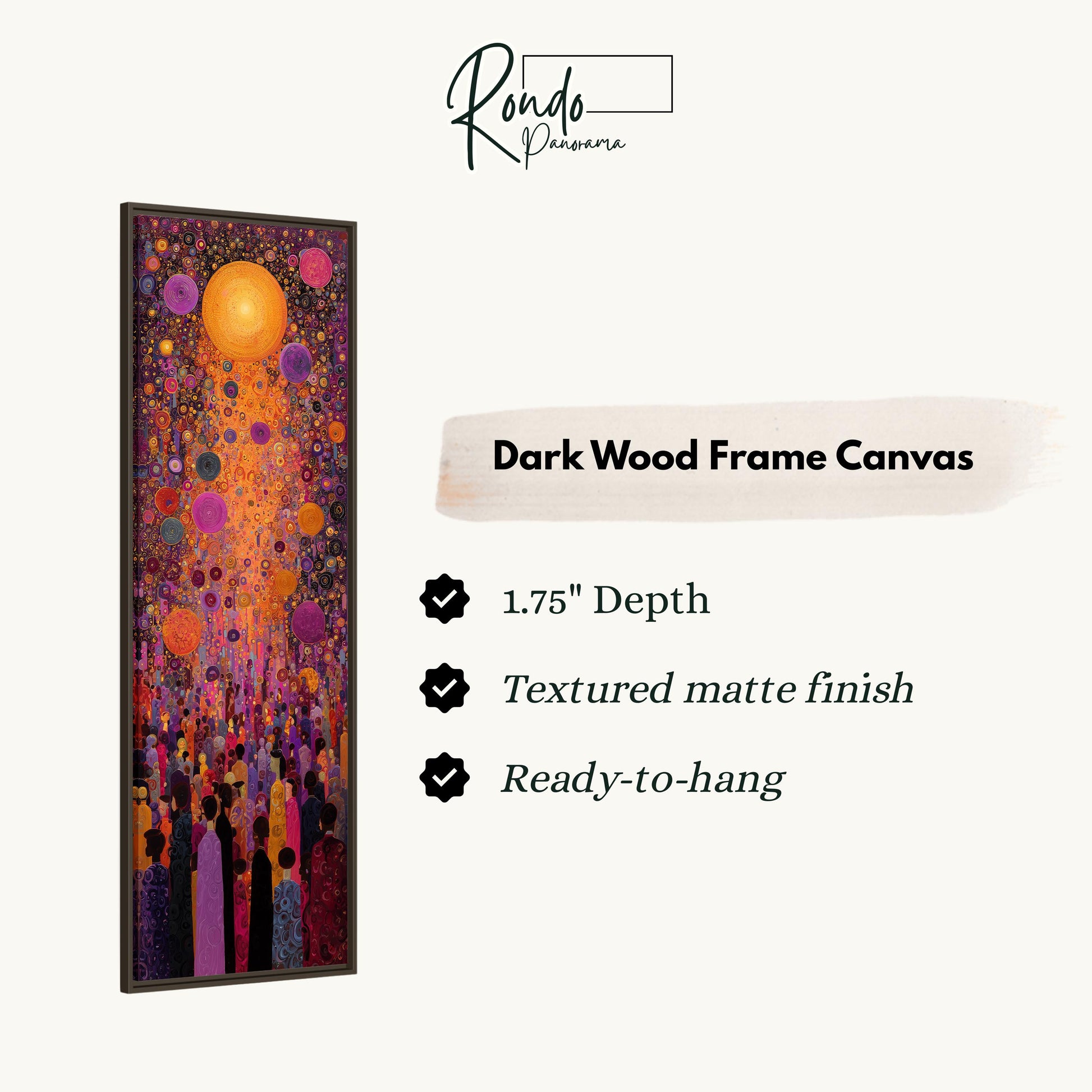 The image is a dark wood frame canvas featuring a vibrant abstract painting with a central sunburst surrounded by a crowd of people.