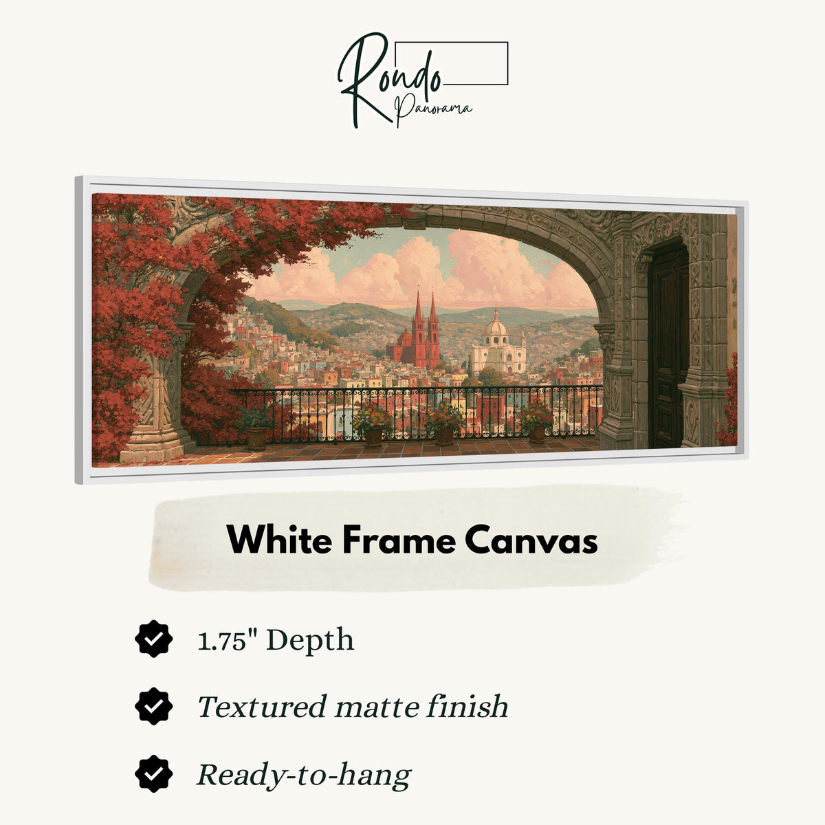 Old world city view through an archway canvas print in a white floating frame