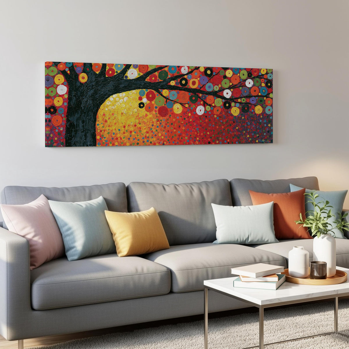 Amber tree of life in a Klimt style panoramic canvas print above a grey sofa in a living room