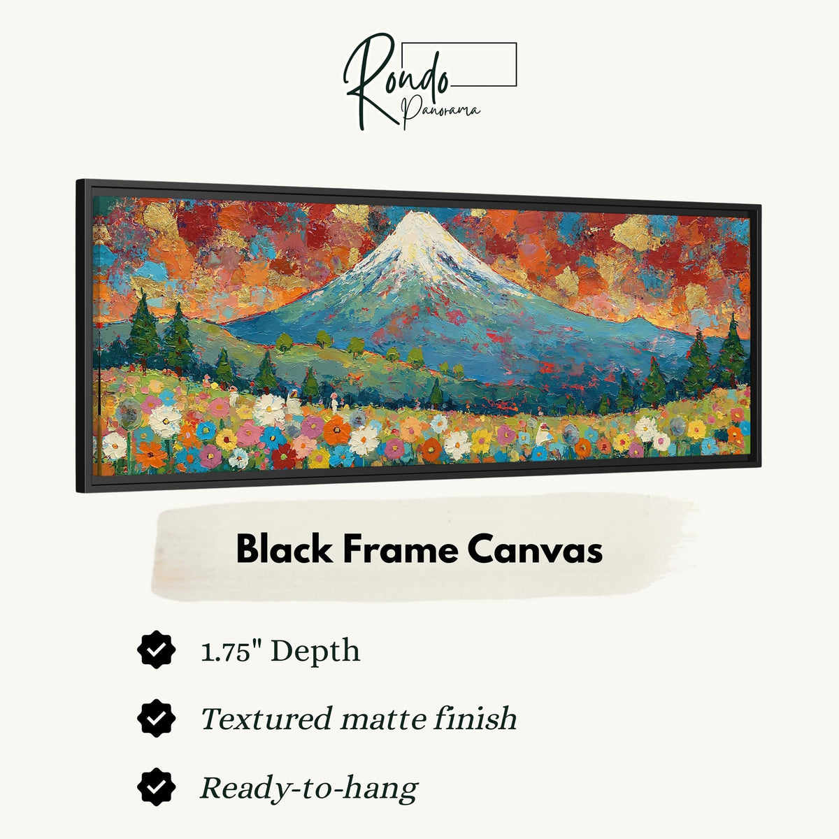 Mount Fuji above autumn trees and wildflowers canvas print in a black floating frame