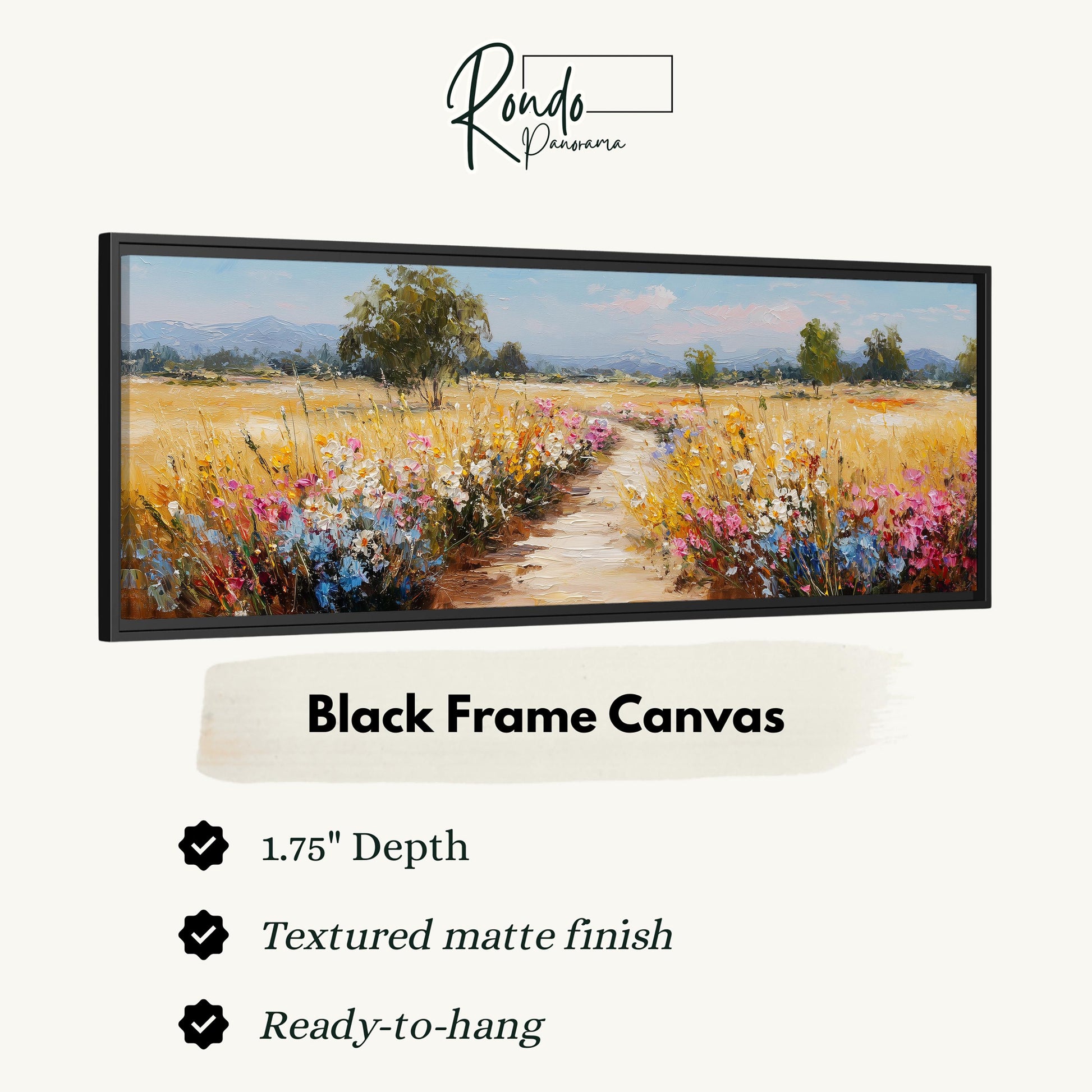 The image is a black frame canvas depicting a field with flowers and a path leading through it.