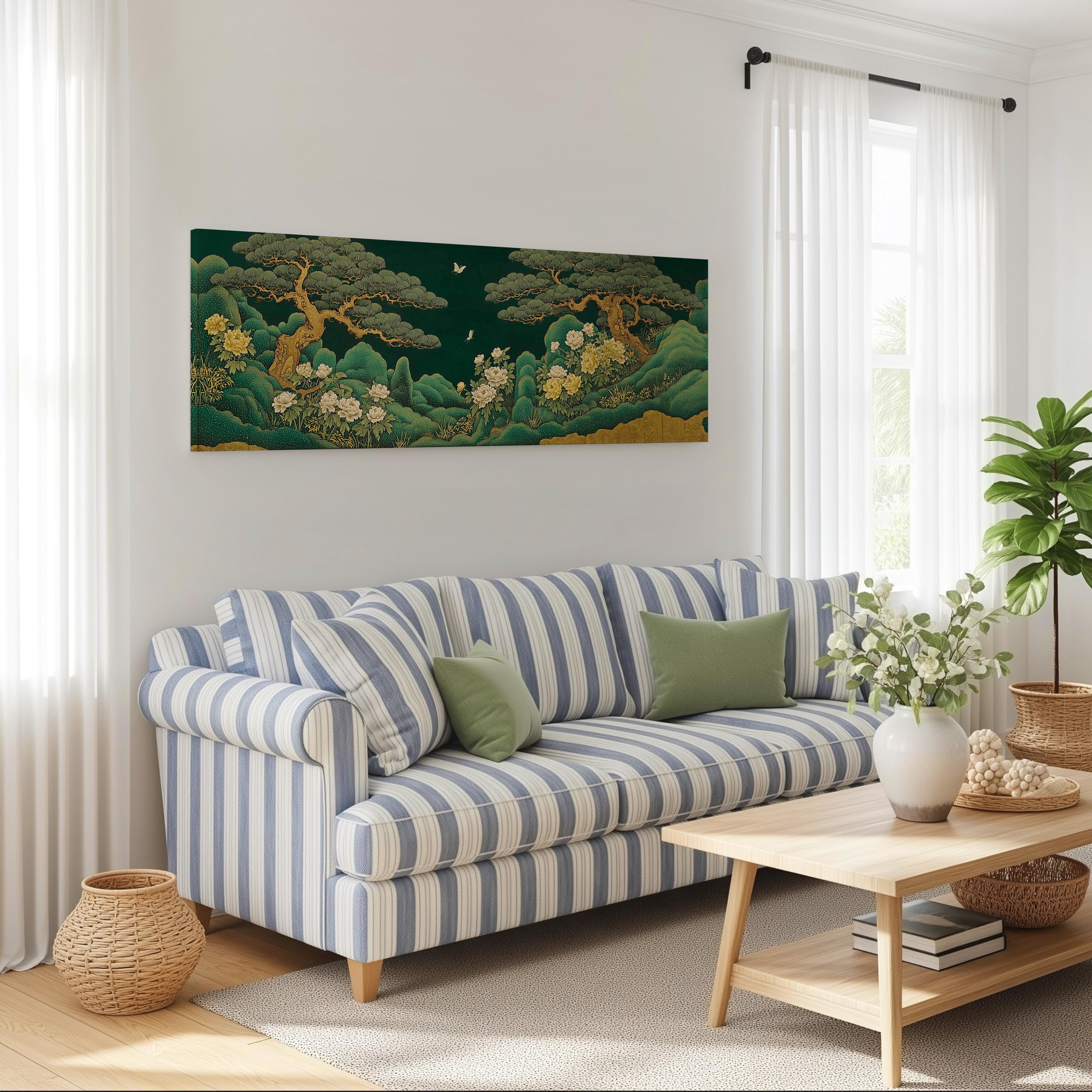 a cozy living room with a striped blue and white sofa, a wooden coffee table, and a large painting of a lush green landscape hanging on the wall above the sofa.