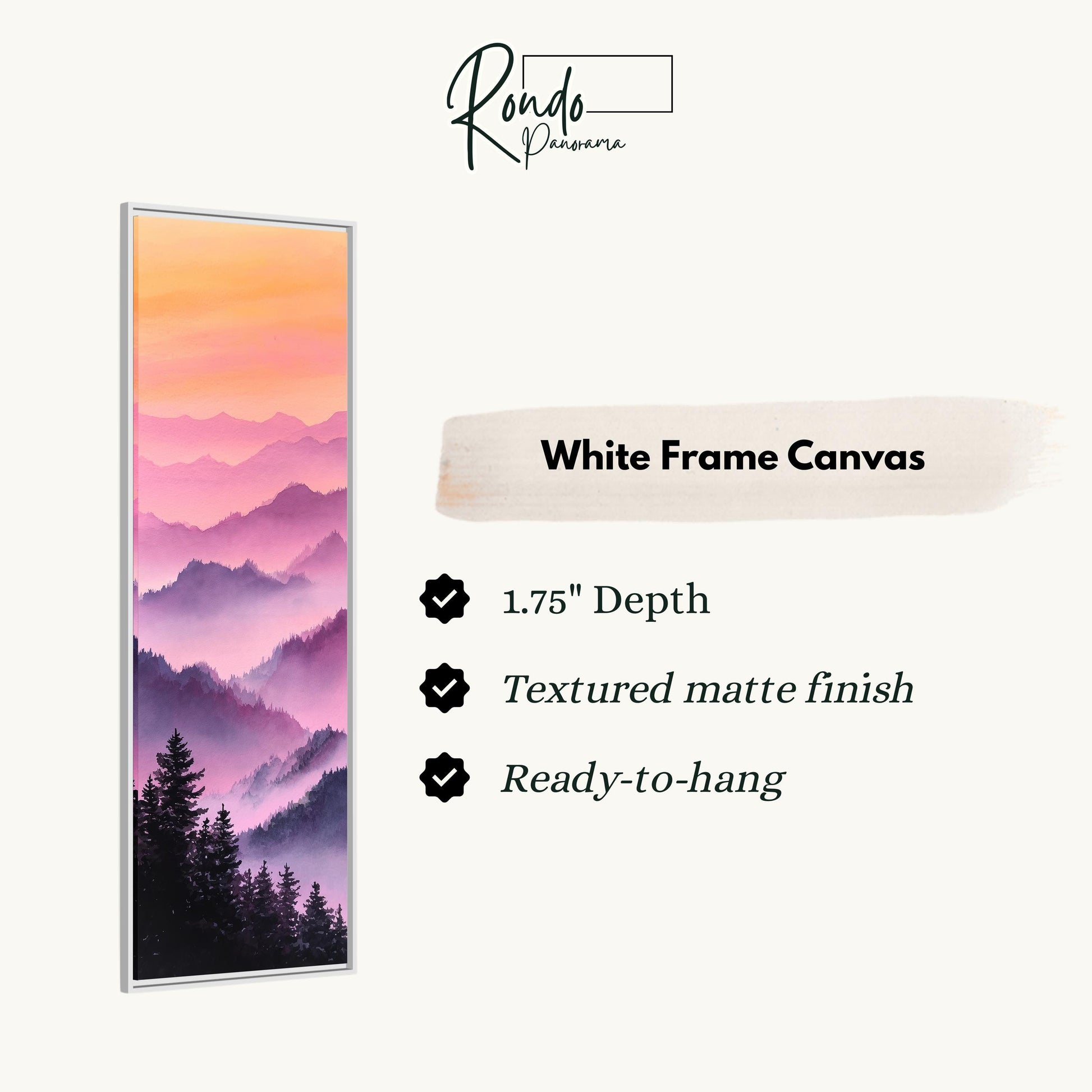 The image is a white frame canvas depicting a mountain landscape with a sunset.