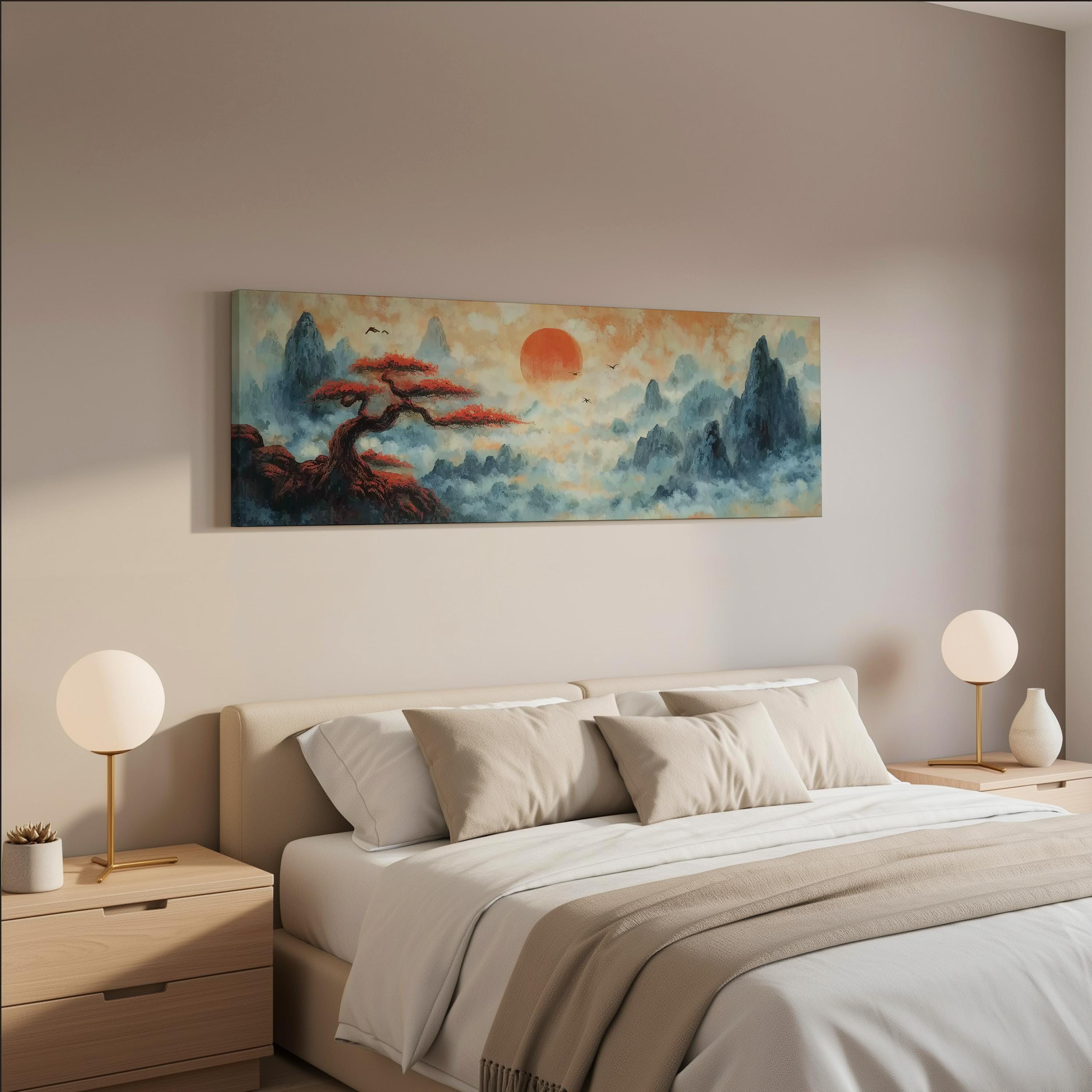 a serene bedroom scene with a large bed, two nightstands with lamps, and a painting of a landscape with a tree and mountains on the wall above the bed.