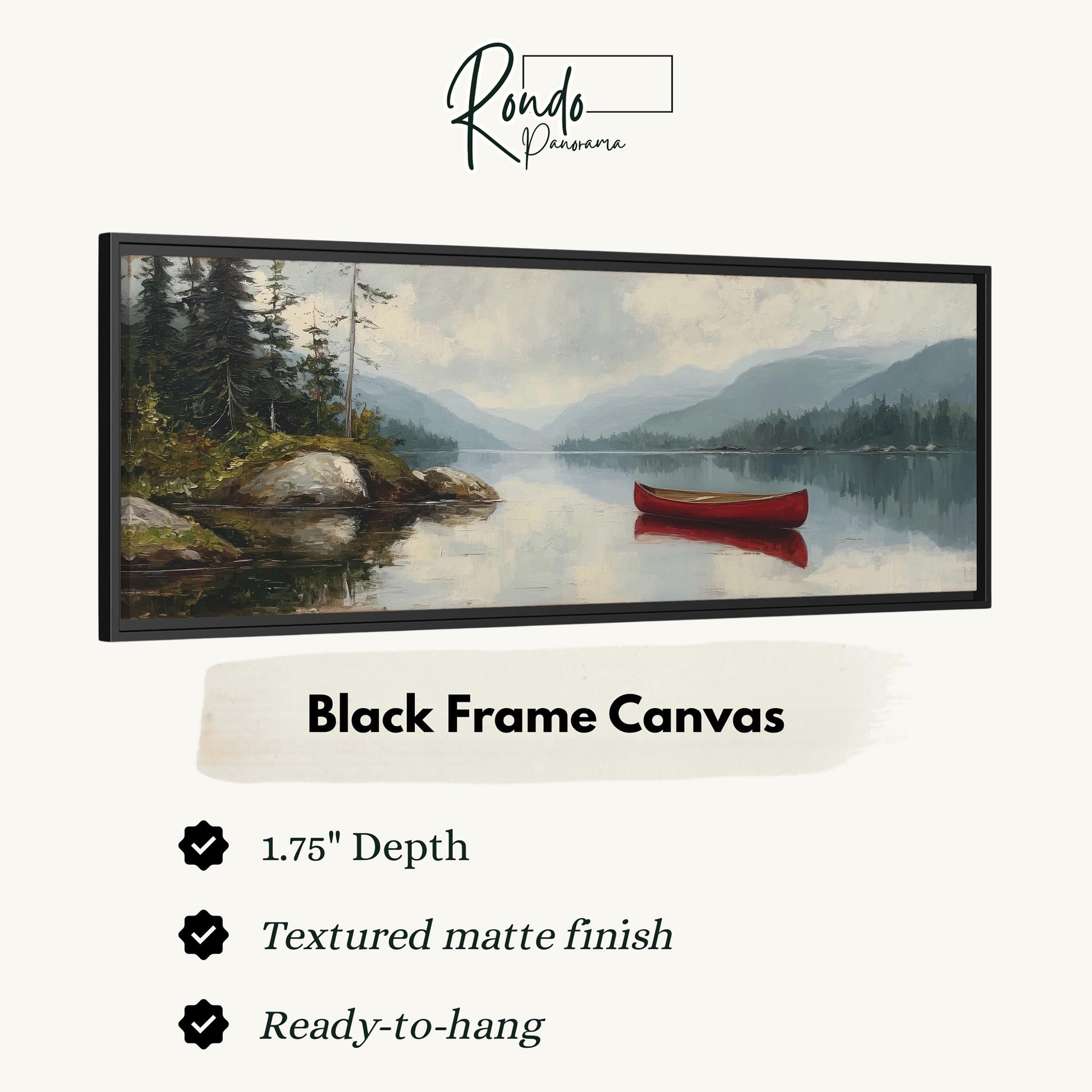 The image is a black frame canvas depicting a serene landscape with a red canoe on a lake surrounded by trees and mountains.