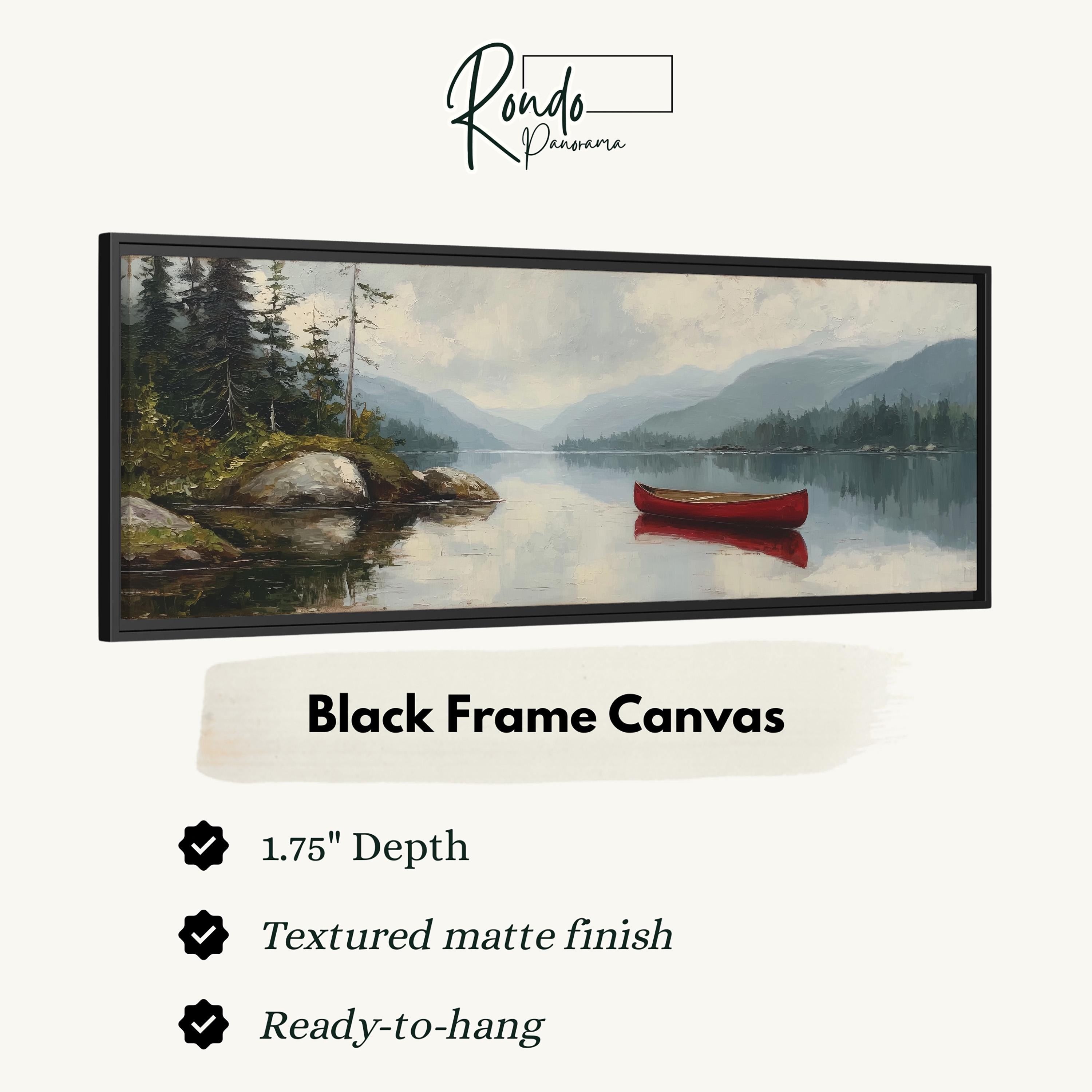 The image is a black frame canvas depicting a serene landscape with a red canoe on a lake surrounded by trees and mountains.