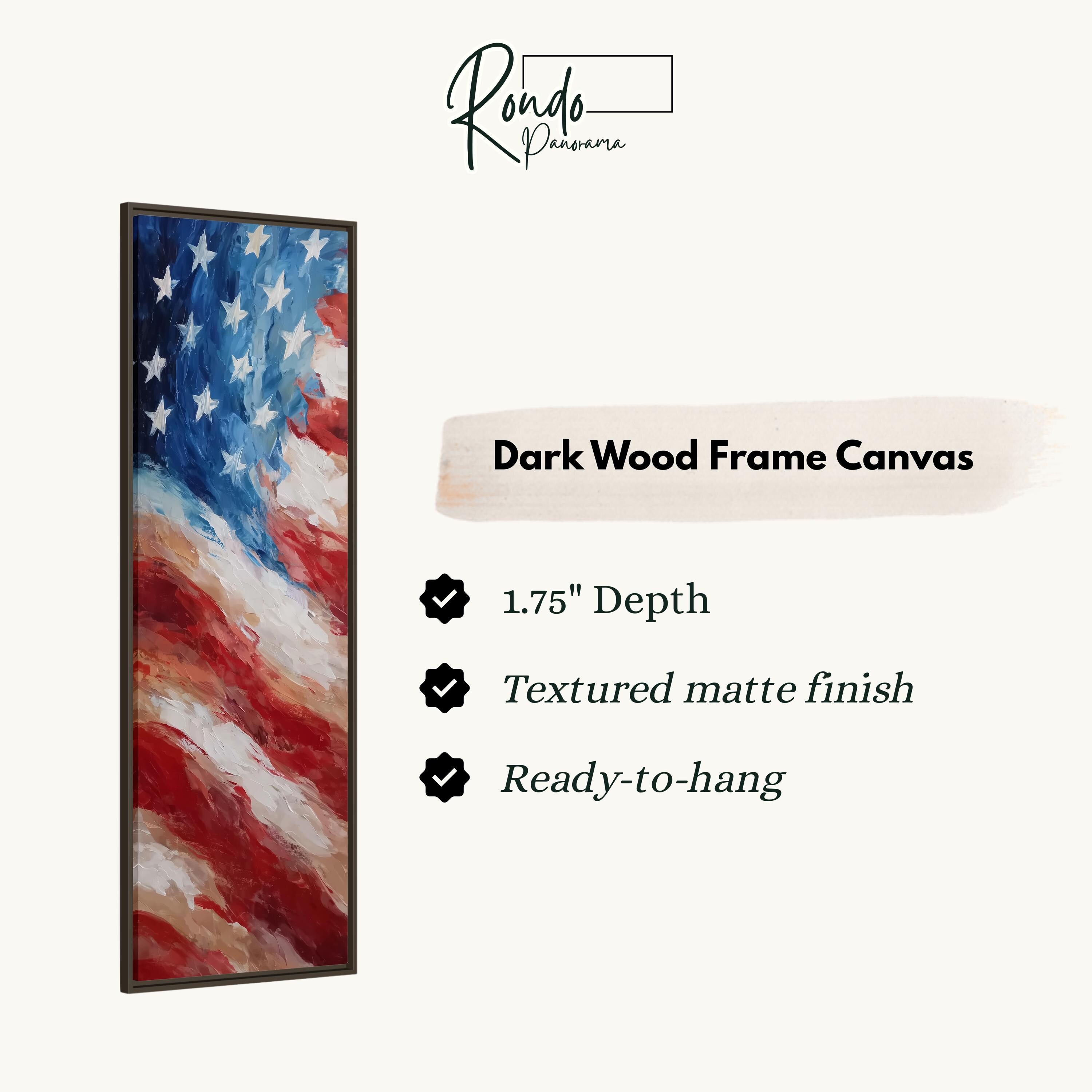 an American flag painted on a dark wood frame canvas.