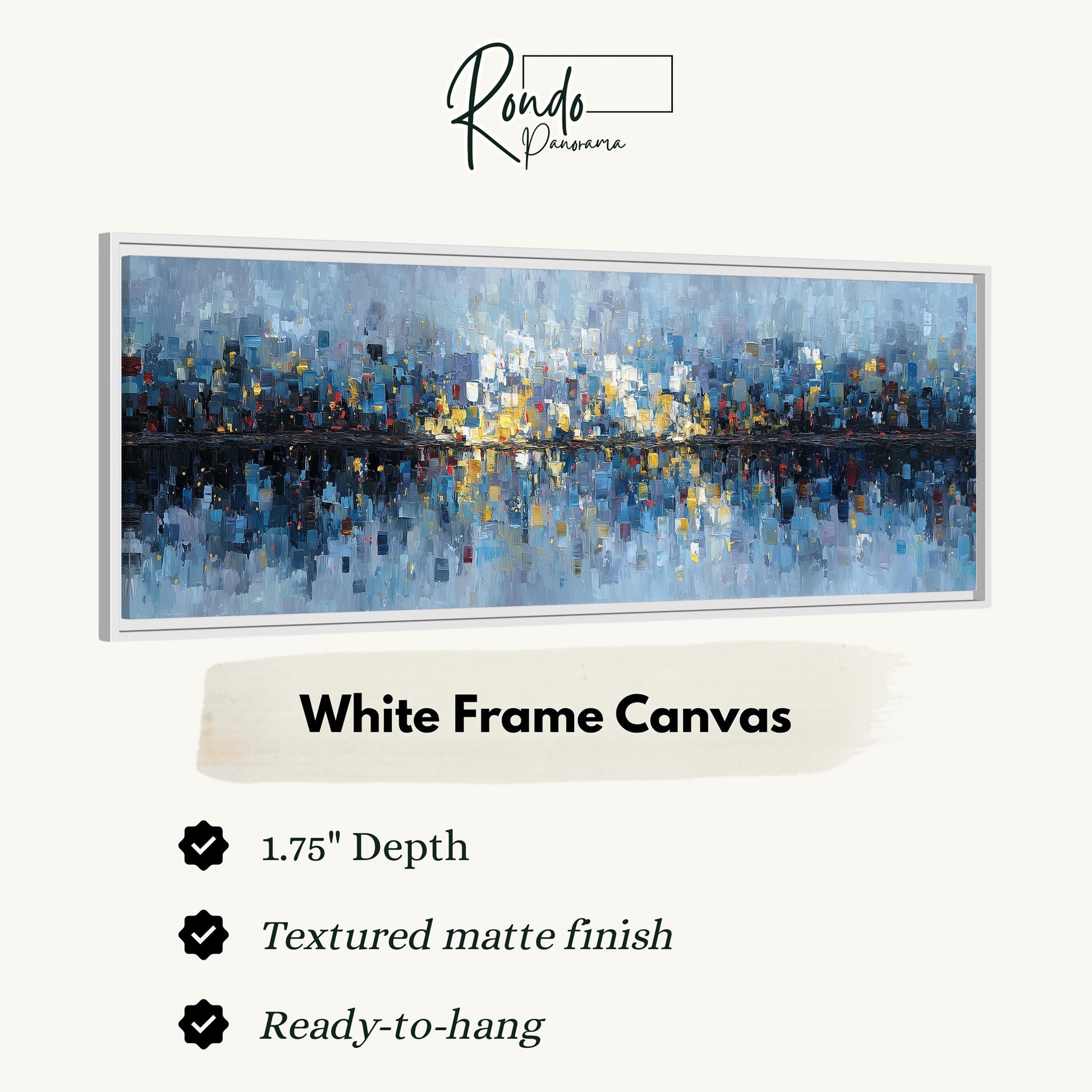 The image is a framed artwork depicting a cityscape with a textured matte finish. The artwork is described as a "White Frame Canvas" with a depth of 1.75" and a textureured matte finish. It is ready to hang and is described as a "Ready-to-hang" product.