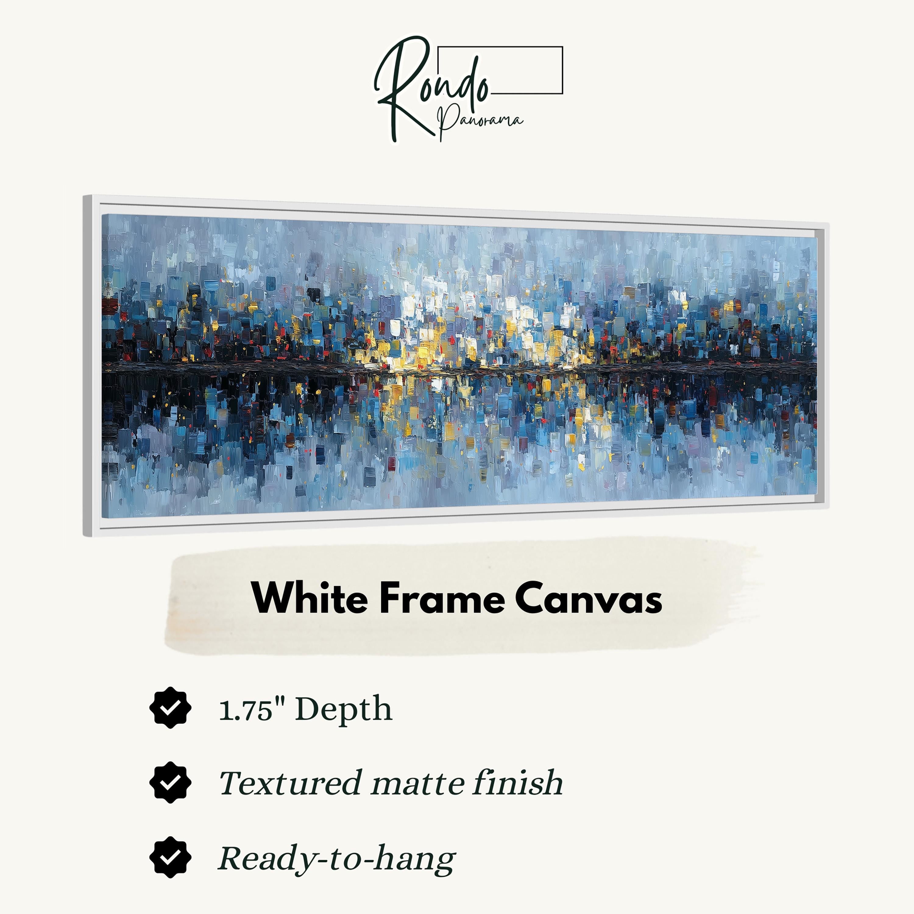 The image is a framed artwork depicting a cityscape with a textured matte finish. The artwork is described as a "White Frame Canvas" with a depth of 1.75" and a textureured matte finish. It is ready to hang and is described as a "Ready-to-hang" product.