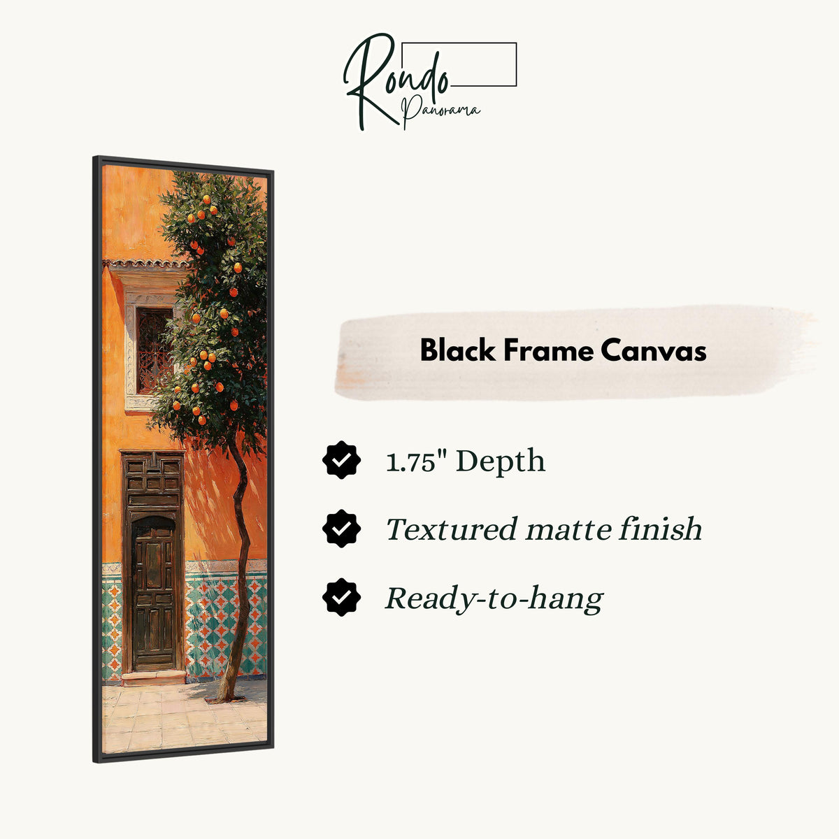 Orange tree beside a carved courtyard door canvas print in a black floating frame