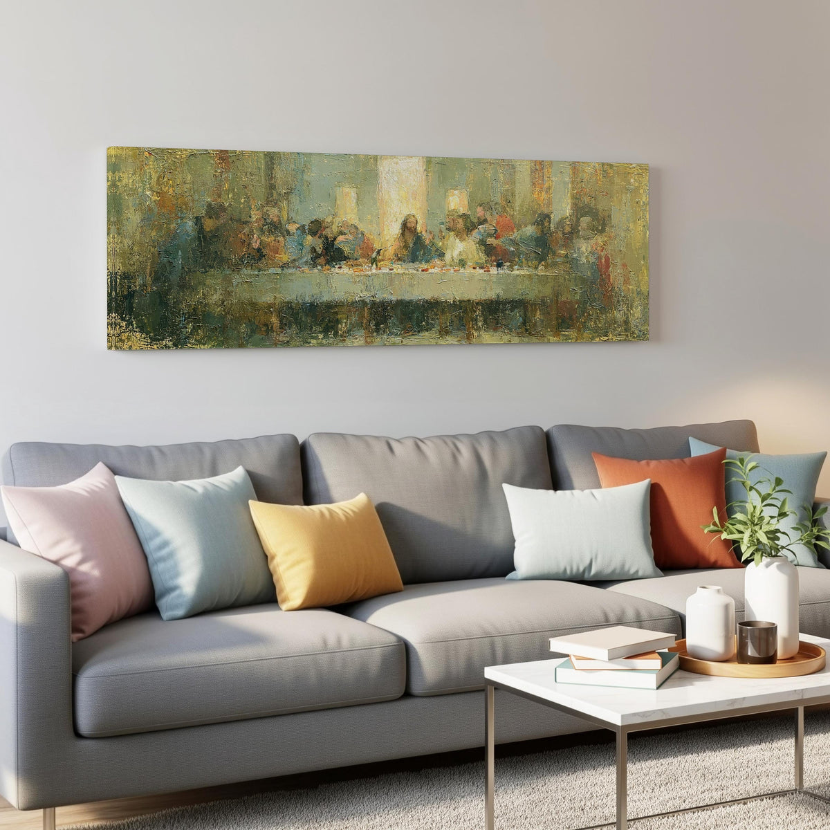 The Last Supper in golden impasto texture panoramic canvas print above a grey sofa in a living room