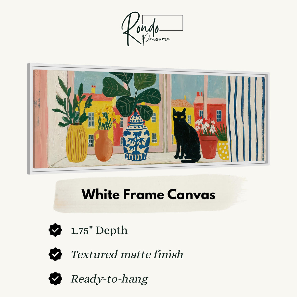 Black cat on a windowsill overlooking a colorful village canvas print in a white floating frame