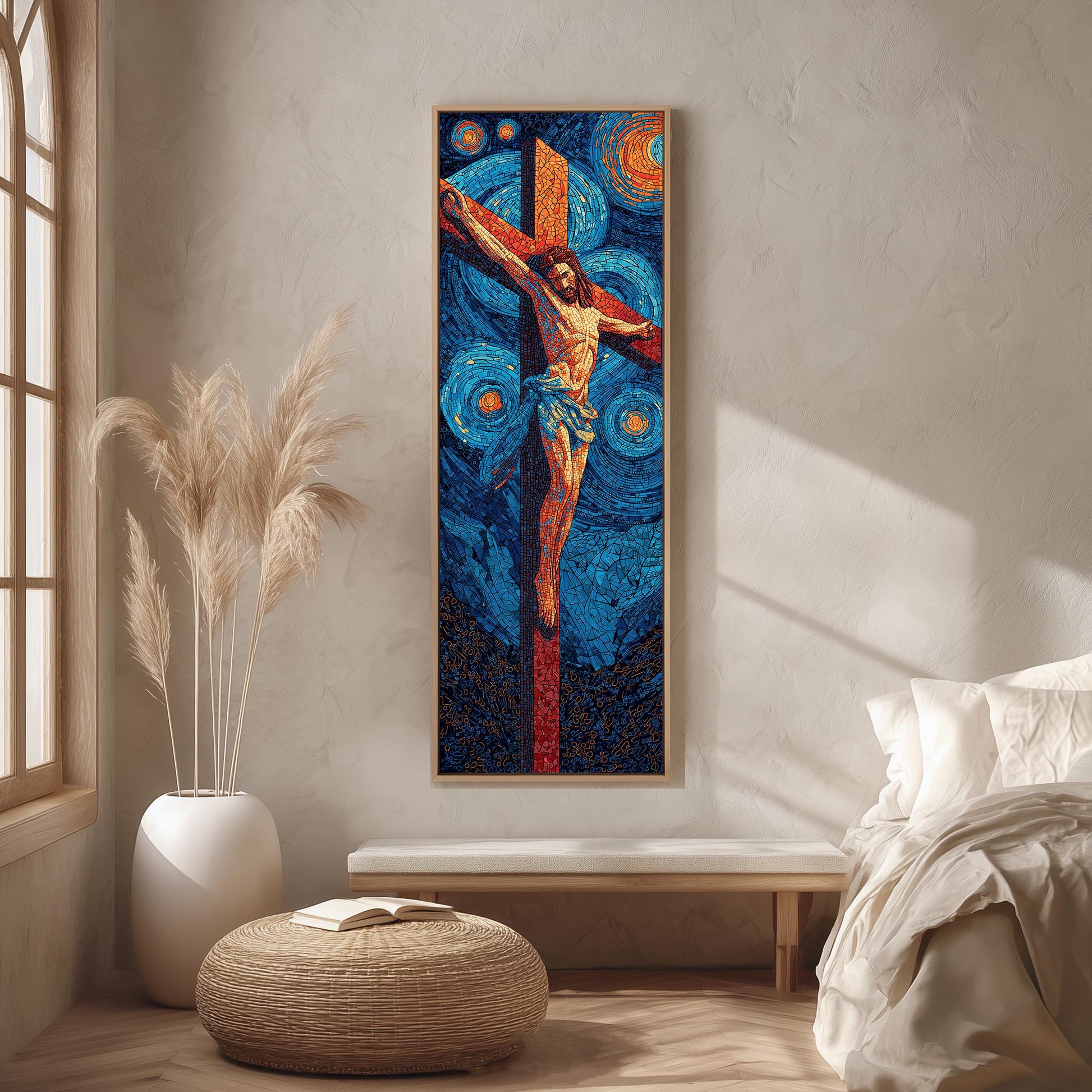 a large, colorful painting of Jesus Christ on the cross hanging on a wall in a room.