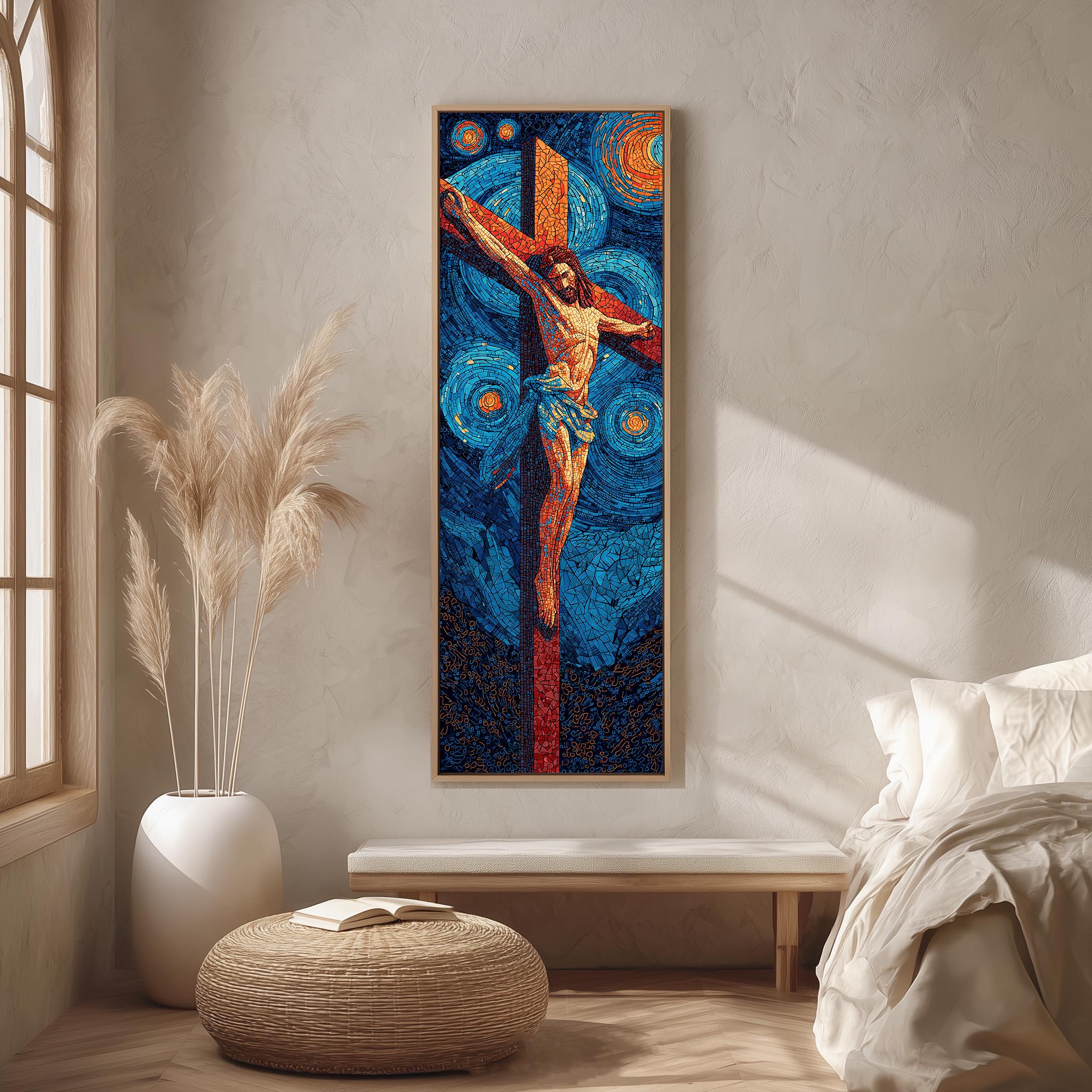 a large, colorful painting of Jesus Christ on the cross hanging on a wall in a room.