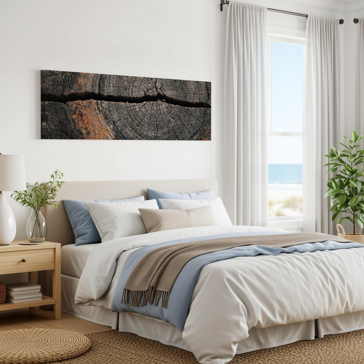 Cracked weathered wood ring panoramic canvas print above a bed in a coastal bedroom