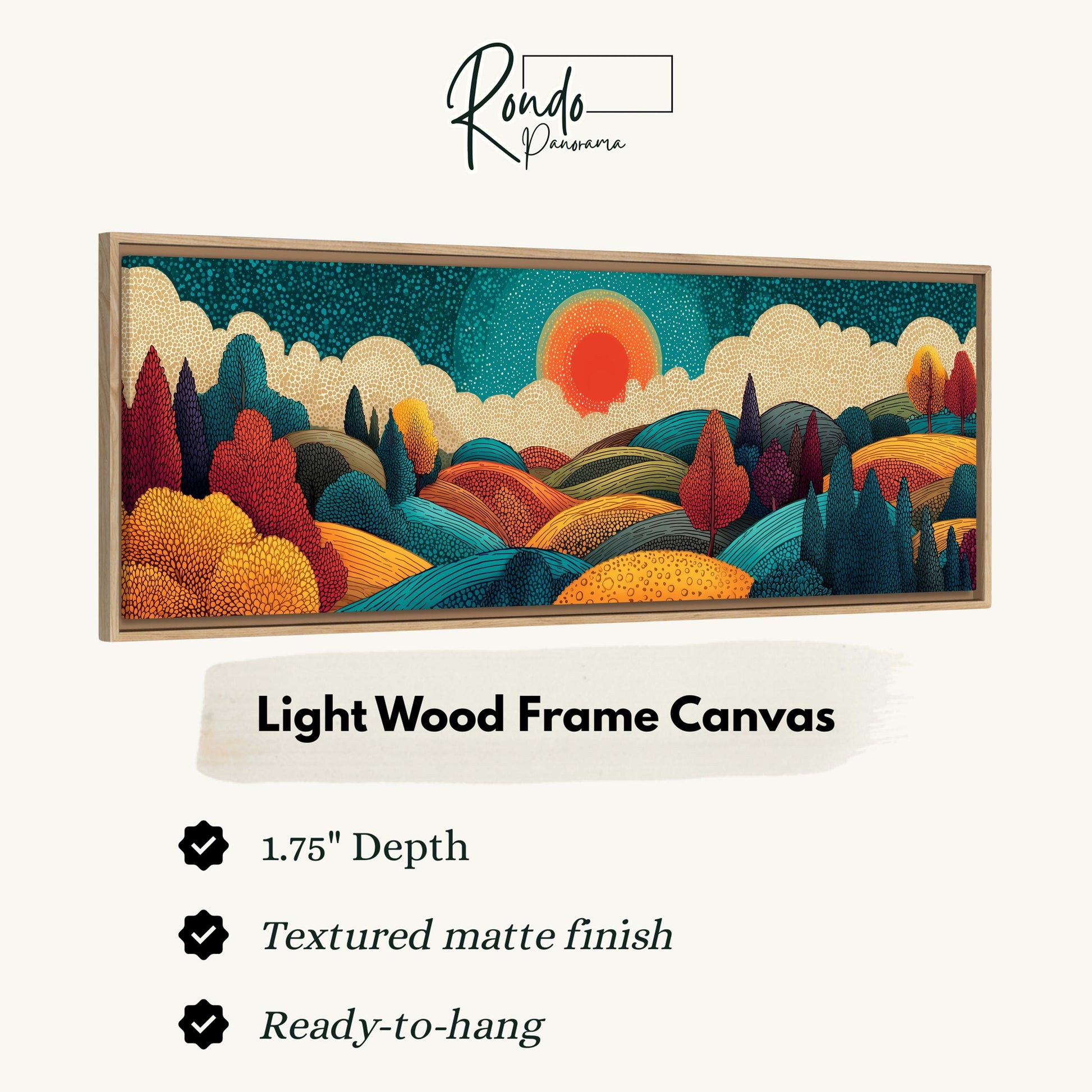 The image is a framed canvas depicting a landscape with a sun and clouds.