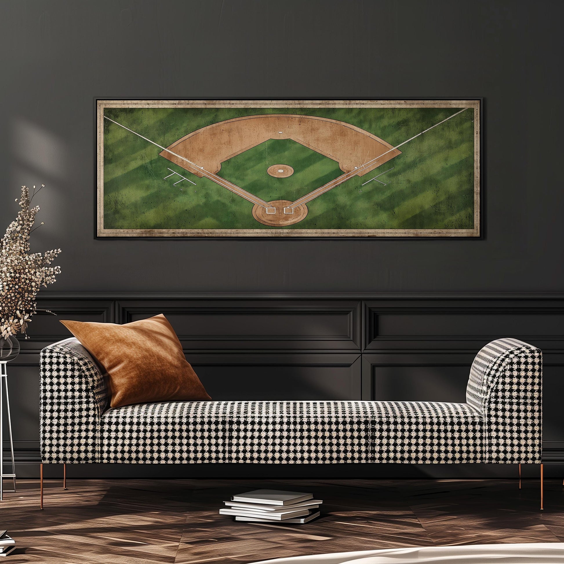 a black and white checkered sofa with a brown throw pillow, positioned in front of a framed baseball field painting on a dark wall.