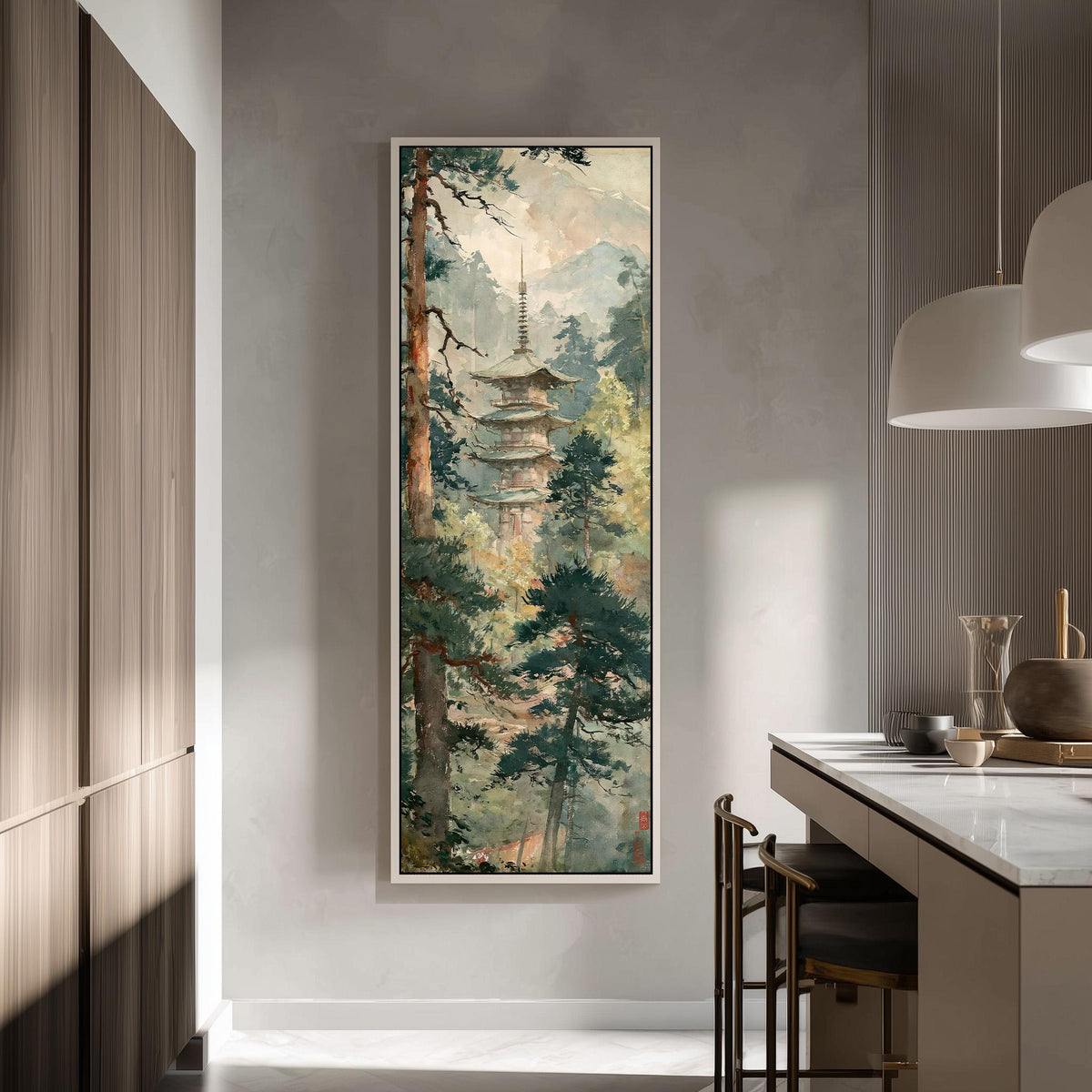 Pagoda in a misty pine forest tall skinny canvas print in a modern kitchen
