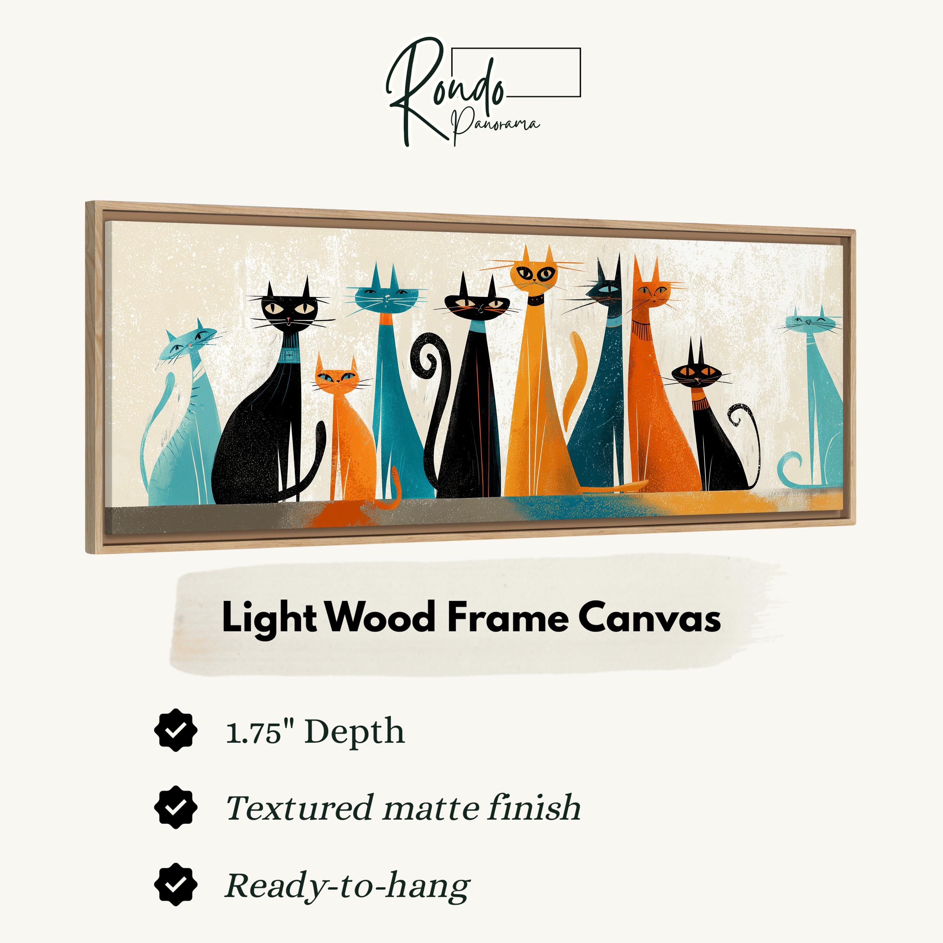 a light wood frame canvas with a vibrant illustration of a group of cats in various colors and poses.