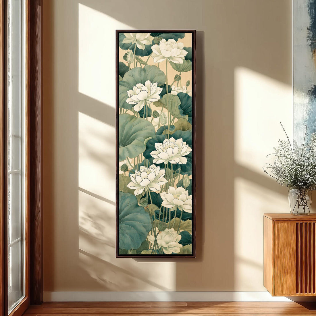 White lotus flowers and leaves long vertical canvas print in a sunlit living space