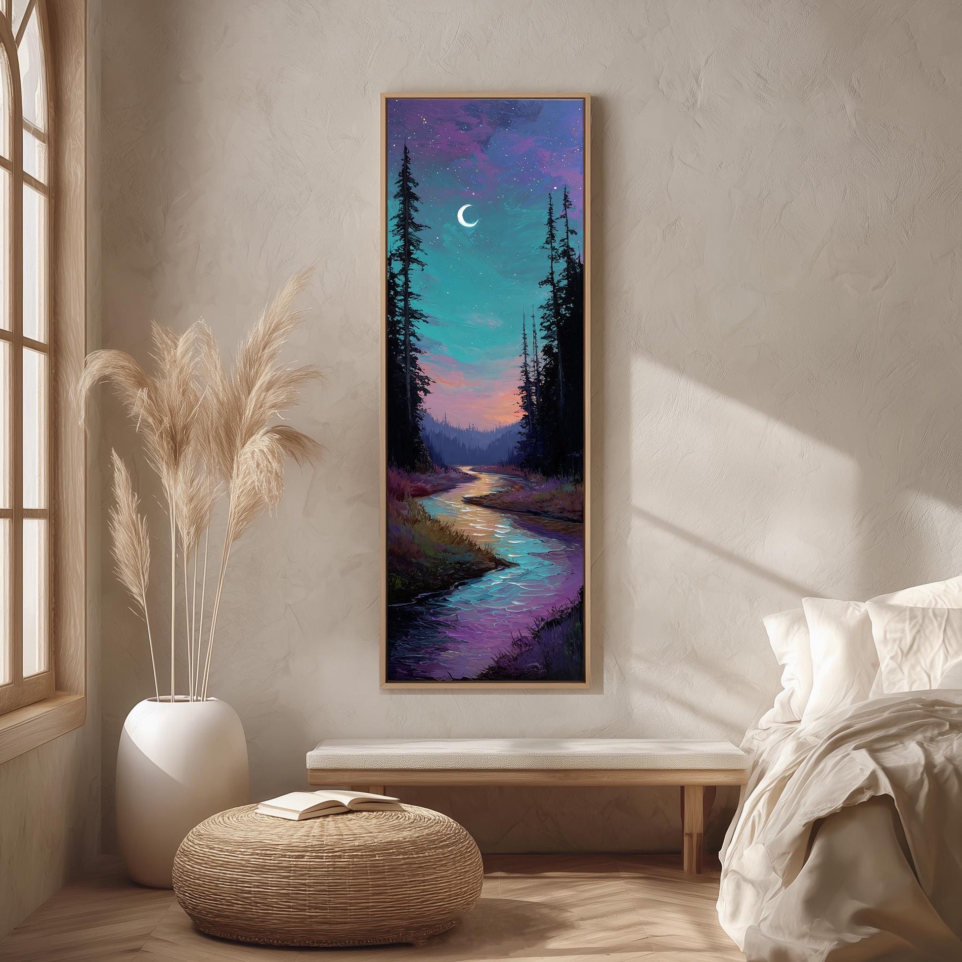 a serene bedroom scene with a large painting of a forest landscape hanging on the wall, a white bed with a white pillow, a white vase with tall potted plants, and a woven ottoman in front of the bed.