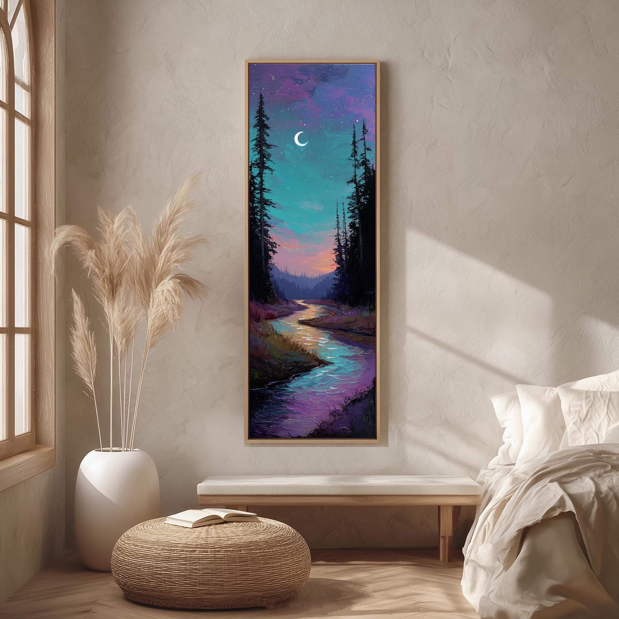 a serene bedroom scene with a large painting of a forest landscape hanging on the wall, a white bed with a white pillow, a white vase with tall potted plants, and a woven ottoman in front of the bed.