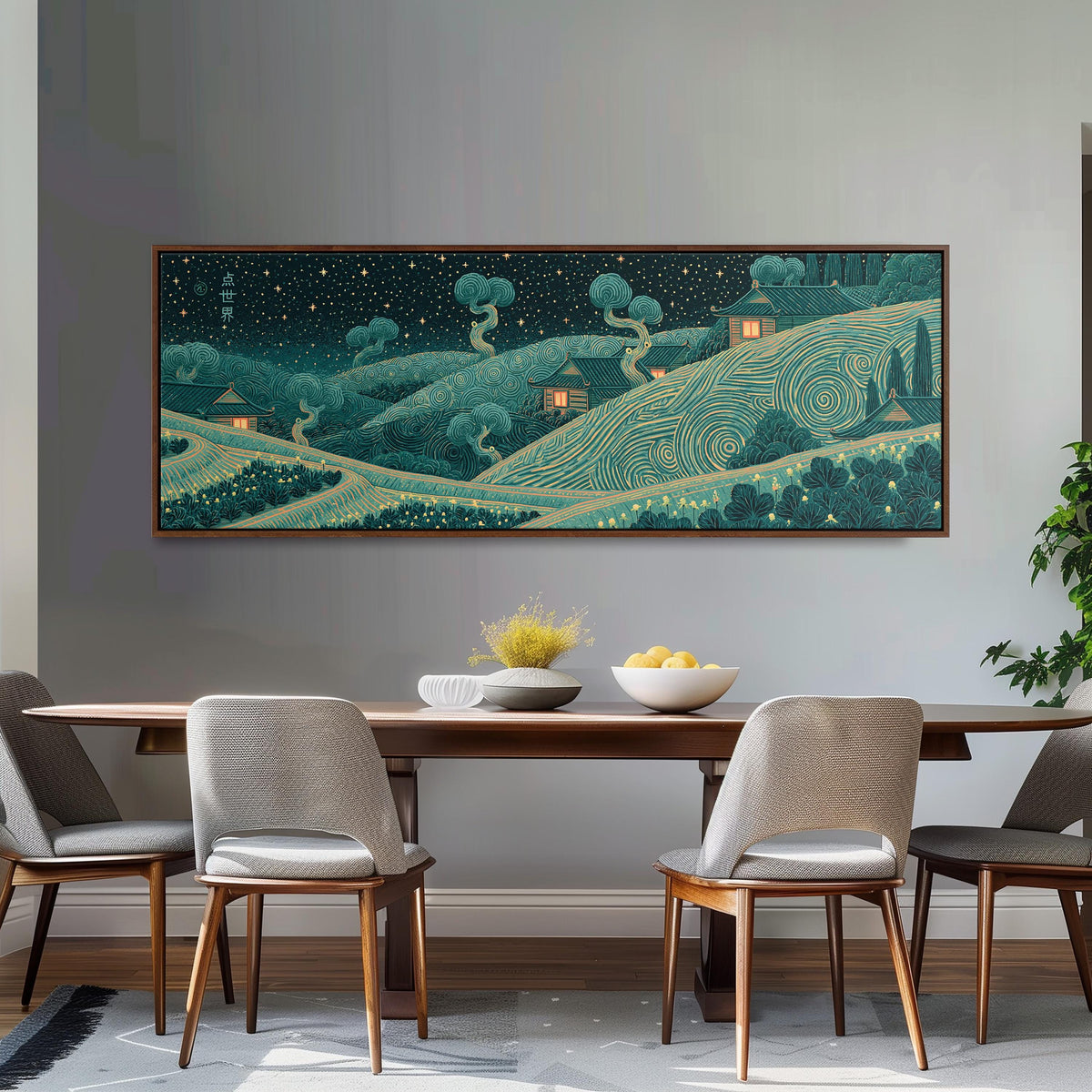 Village on swirling hills at night long horizontal canvas print above a dining table