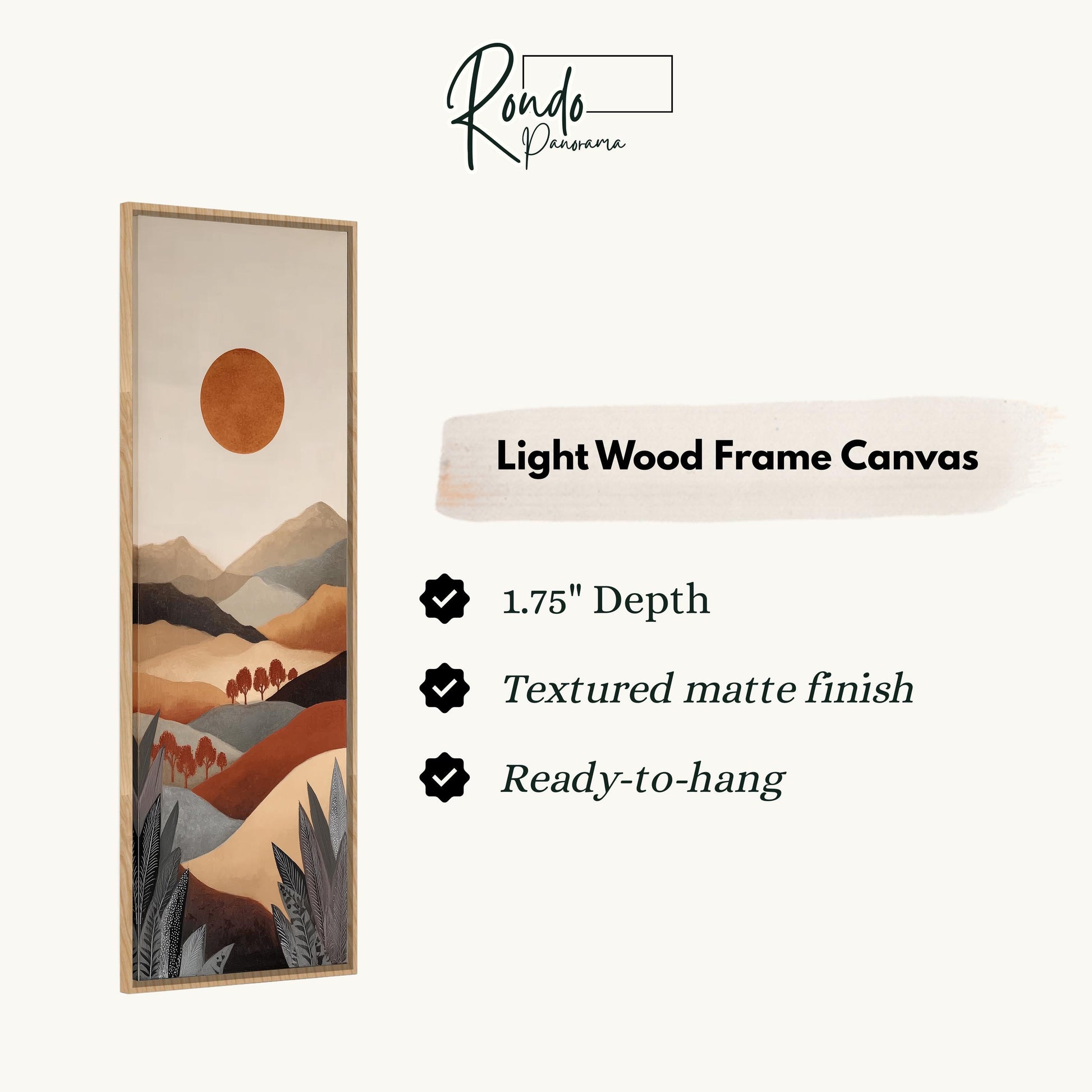 The image is a light wood frame canvas depicting a landscape with mountains, trees, and a sun.