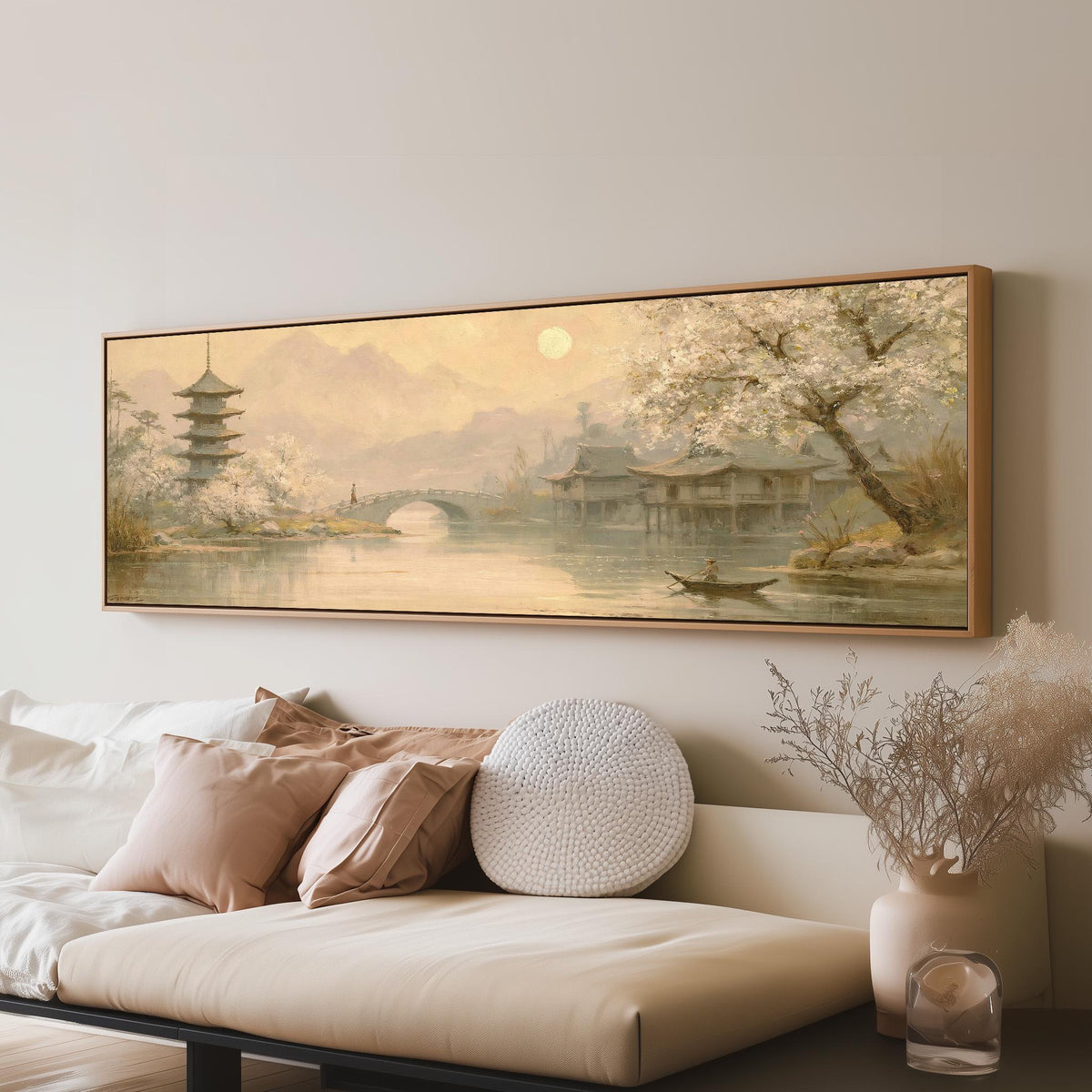 Pagoda and stone bridge at dusk long horizontal canvas print above a sofa in a living room