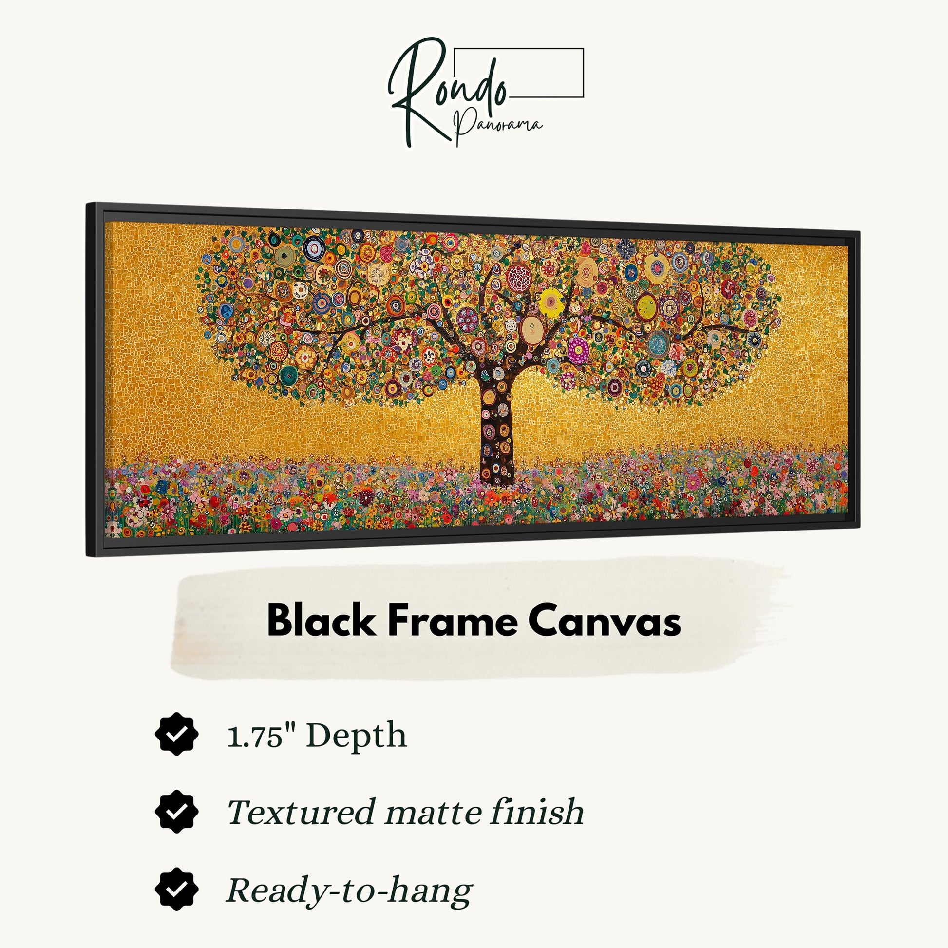The image is a black frame canvas depicting a tree with a golden background and a field of flowers.