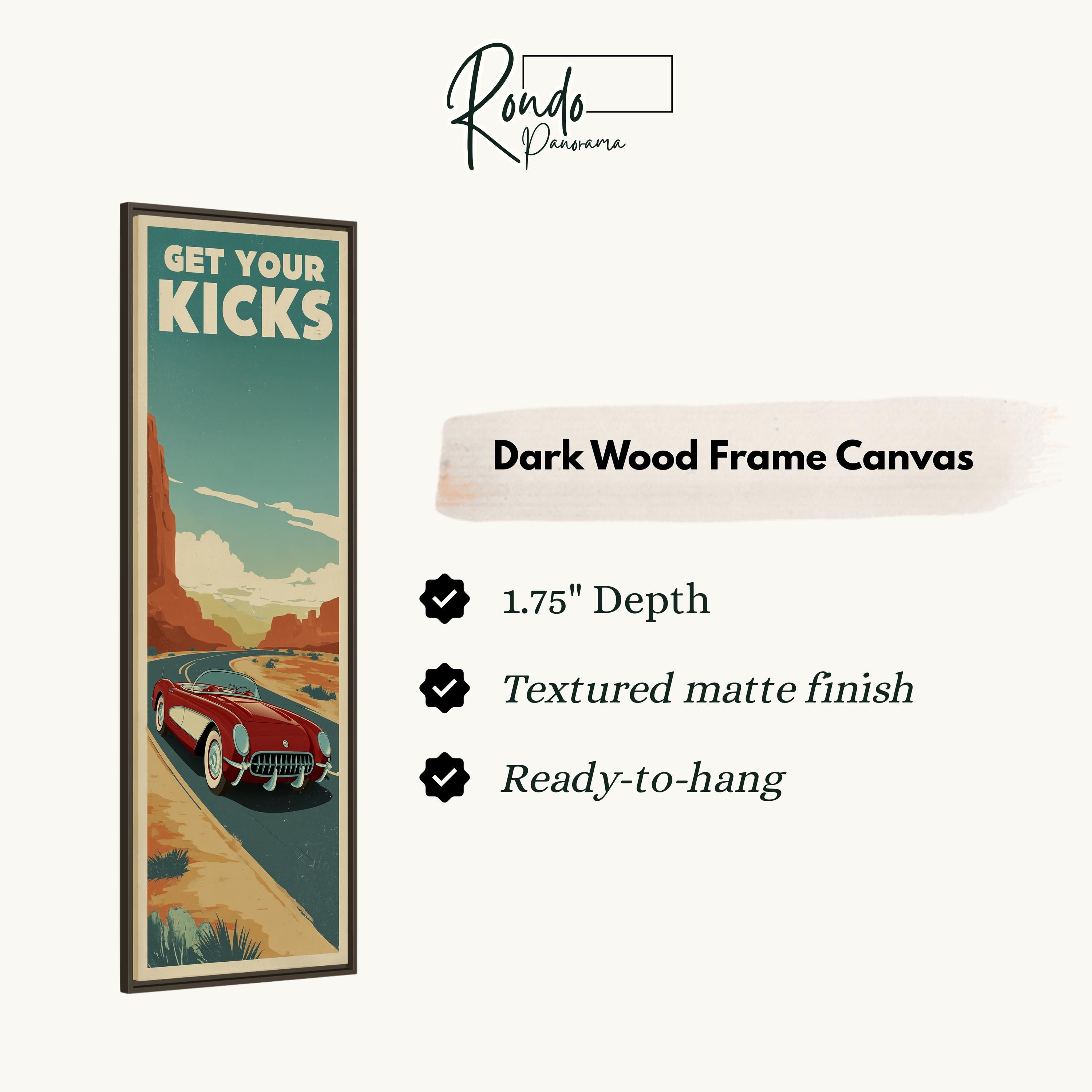 The image is a poster with a vintage-style illustration of a red car on a road, along with text that reads "GET YOUR KICKS" and "Dark Wood Frame Canvas".