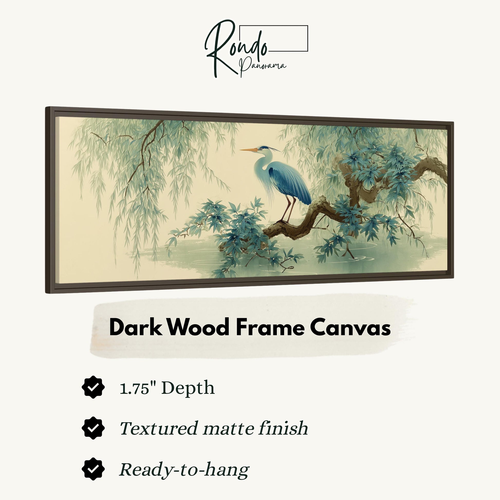 The image is a framed artwork depicting a blue heron sitting on a branch with green leaves. The artwork is described as a dark wood frame canvas with a 1.75" depth and a textured matte finish. It is ready to hang.