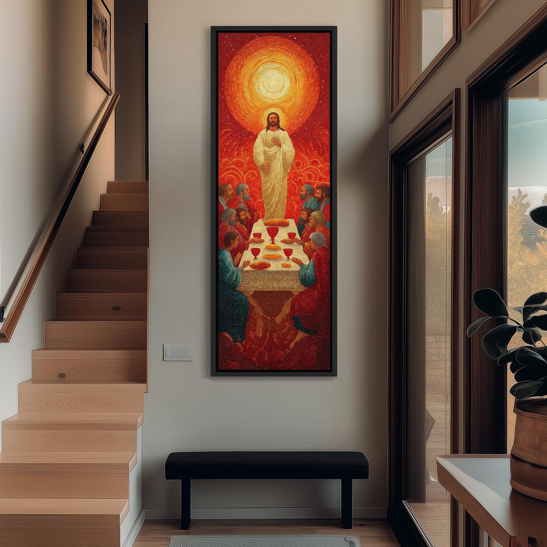 a large, colorful painting of Jesus Christ surrounded by a group of people, with a table of offerings in the center. The painting is hanging on a wall in a hallway, with a staircase visible in the background.