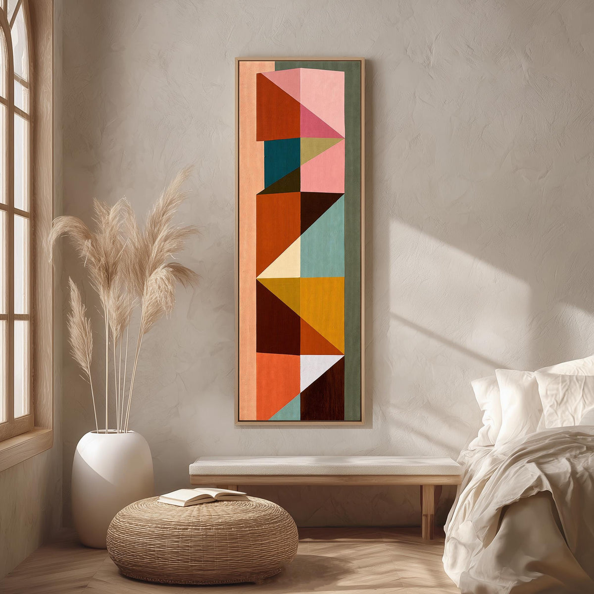 Stacked colorful triangle mosaic long vertical canvas print in a bright reading corner