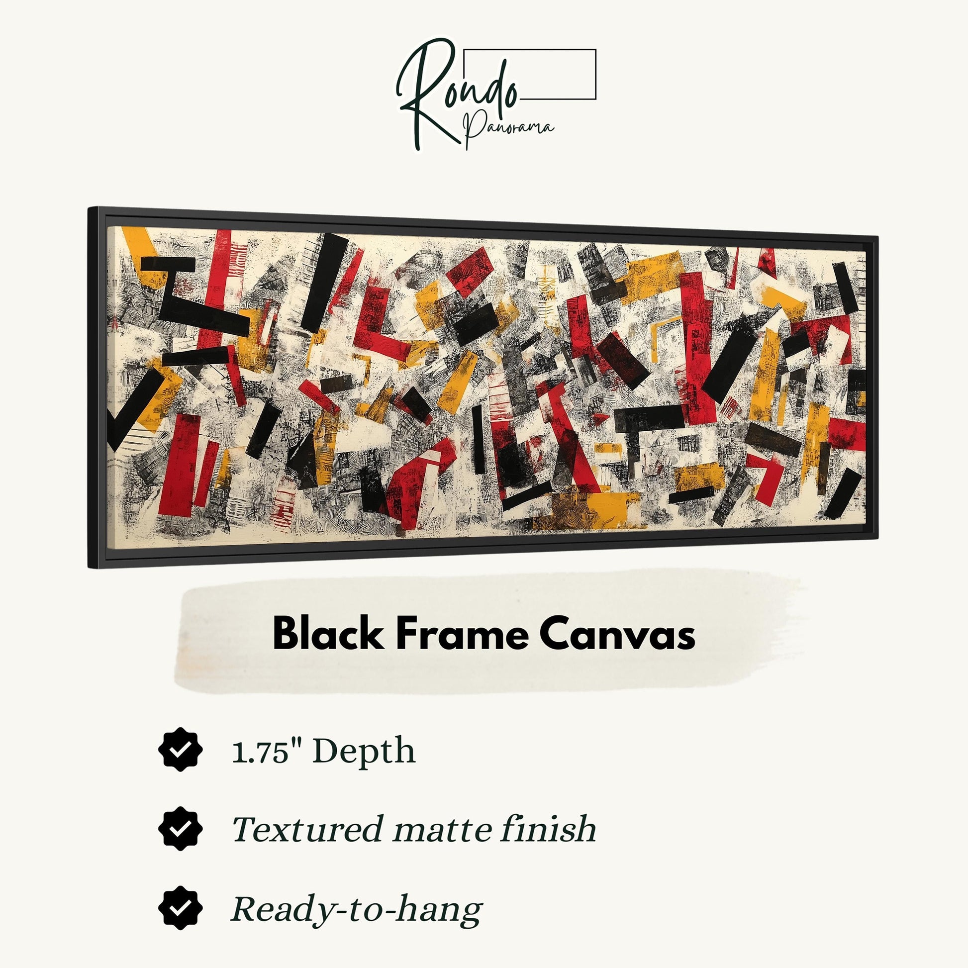 The image is a black frame canvas with a textured matte finish, measuring 1.75" in depth. It is ready to hang and has a textured matte finish.