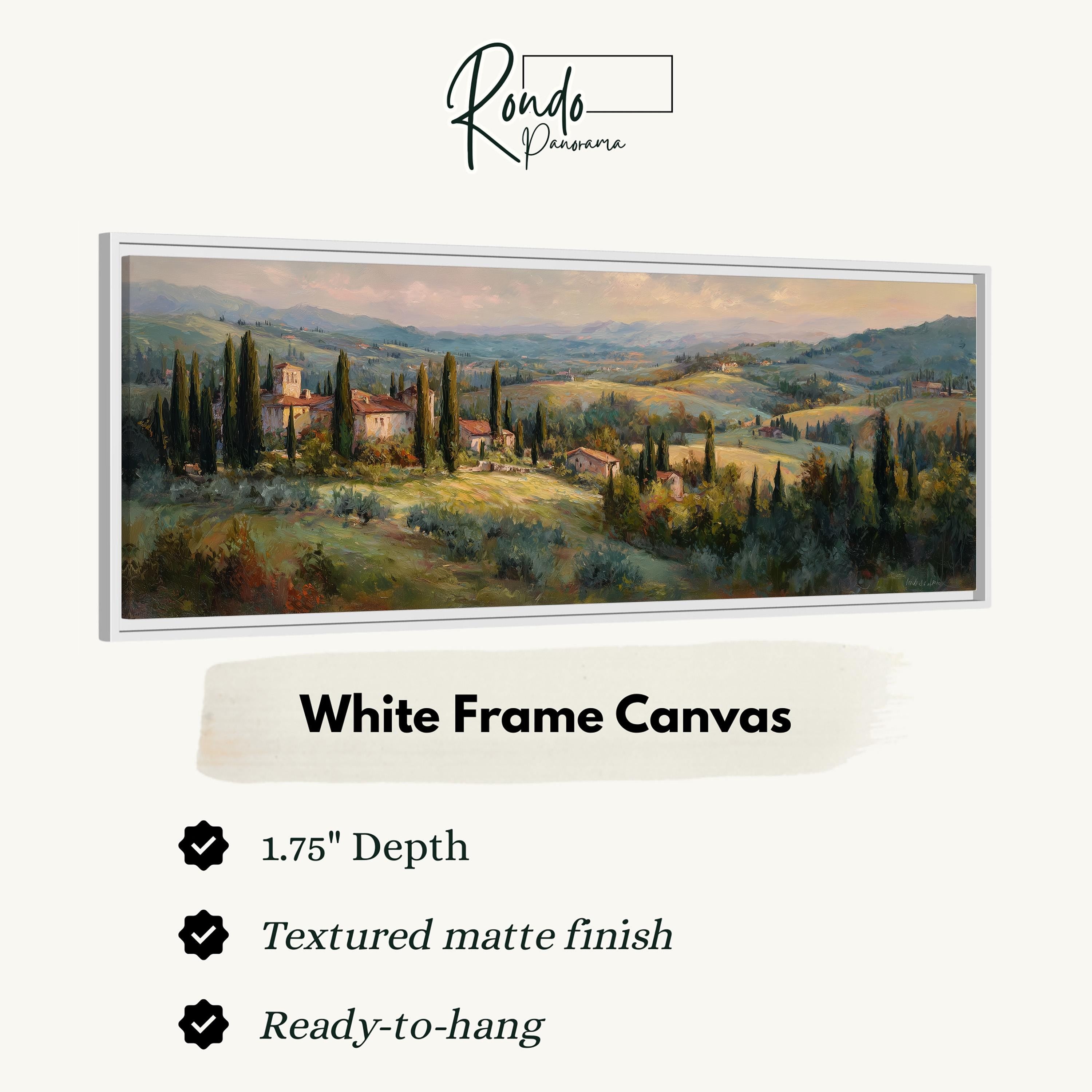 The image is a white frame canvas depicting a picturesque countryside landscape with rolling hills, trees, and buildings.