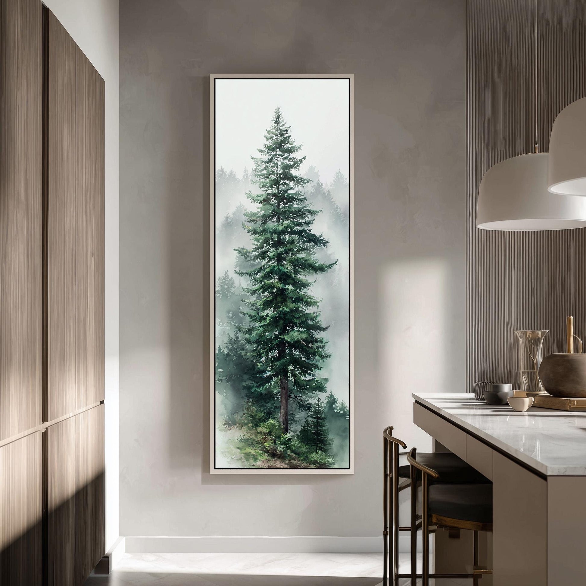 a large framed painting of a tall pine tree hanging on a wall in a modern kitchen.