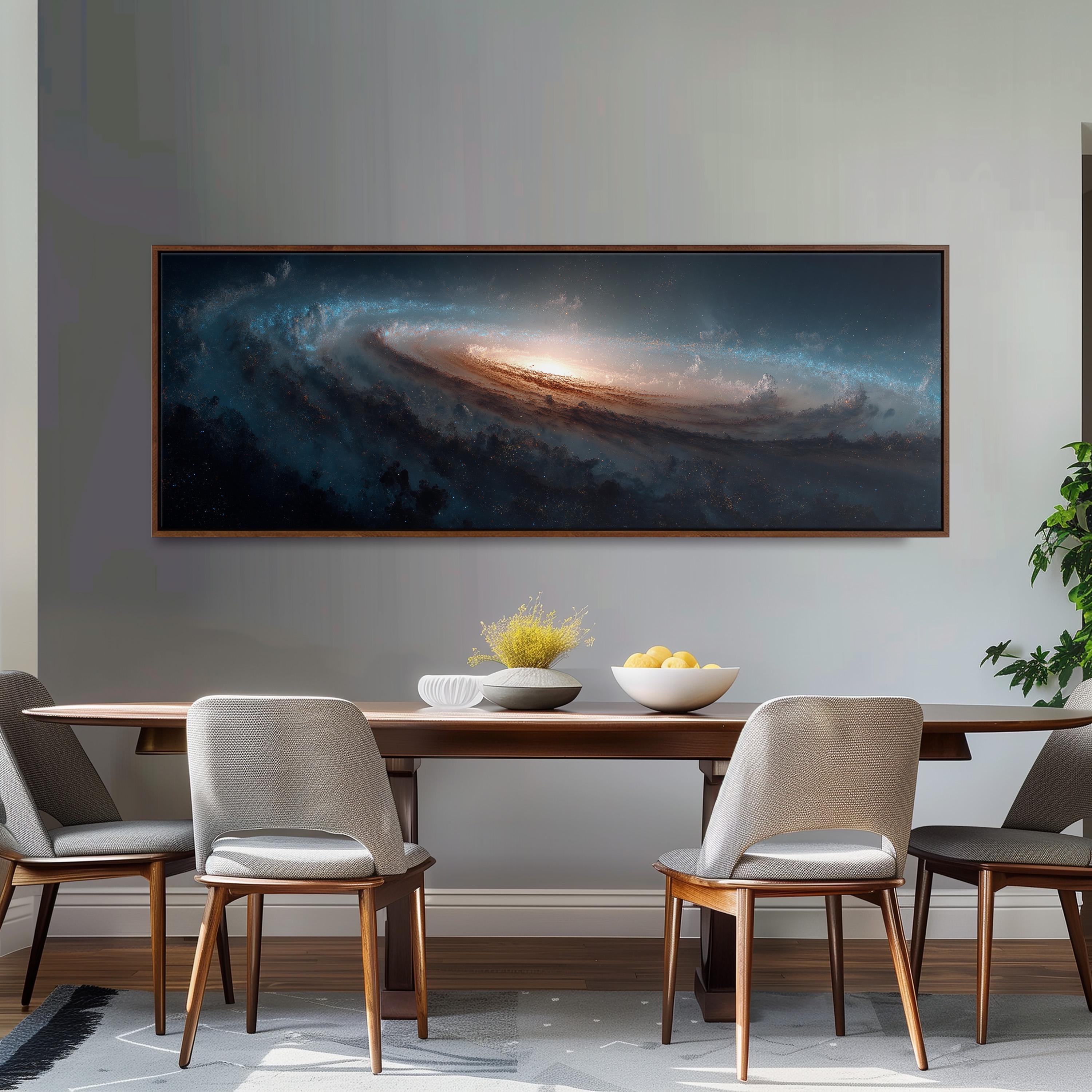 a dining room with a large, framed painting of a swirling galaxy hanging on the wall above a wooden dining table with four chairs. The table is set with a bowl of fruit and a vase of flowers, creating a cozy and inviting atmosphere.
