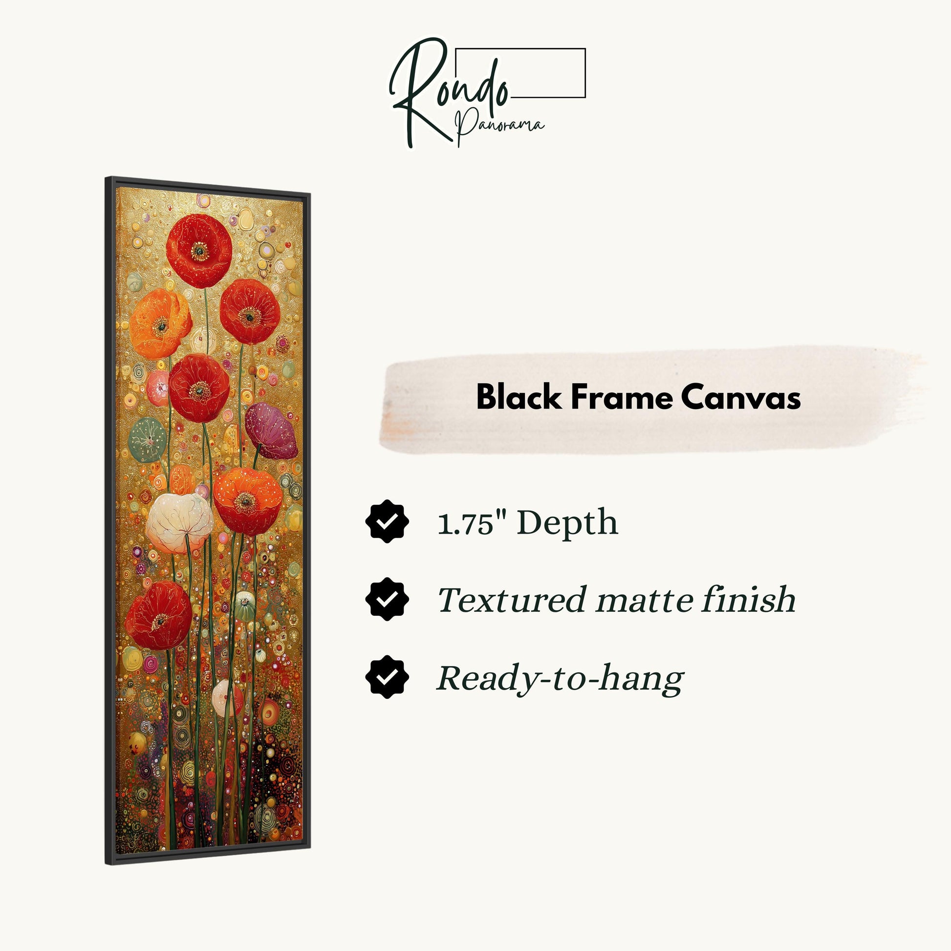 The image is a black frame canvas featuring a vibrant painting of red and orange flowers. The canvas is described as having a 1.75" depth, a textured matte finish, and is ready to hang.
