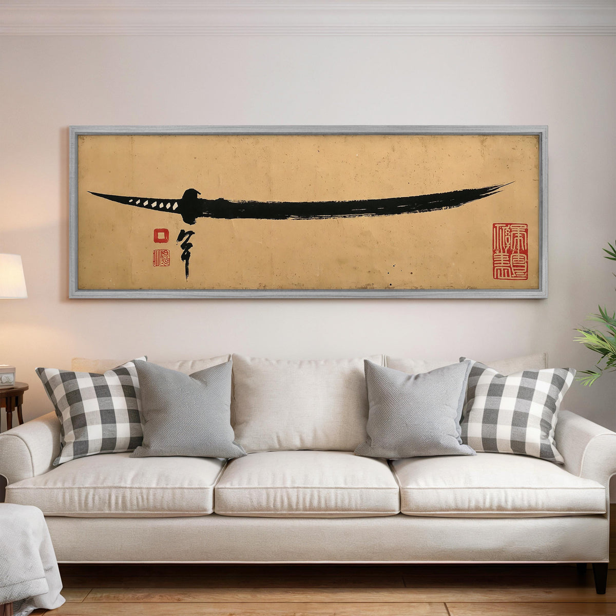 Ink brush katana wide panoramic canvas print above a bed in a bedroom