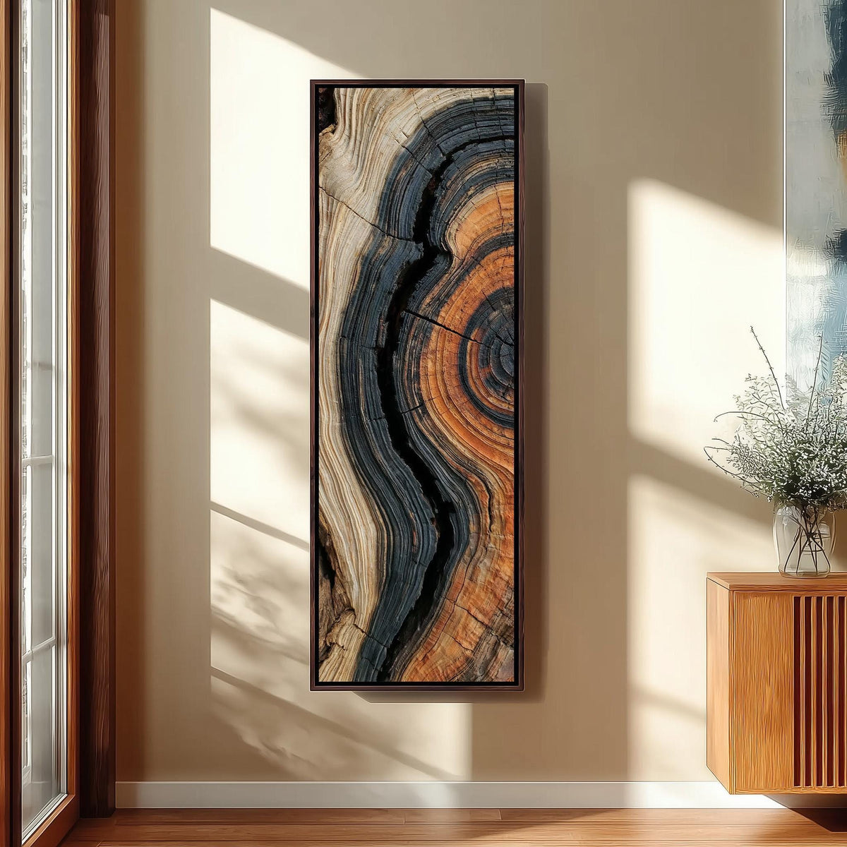 Charred tree ring close up tall skinny canvas print in a sunlit living space