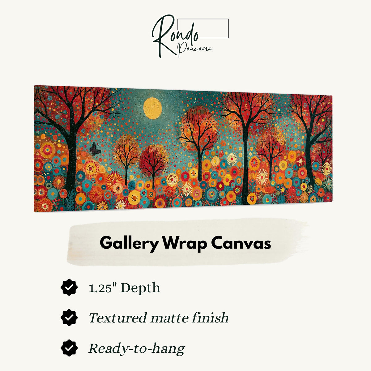 Folk art autumn forest with flowers gallery wrap canvas with the image wrapped around the edges