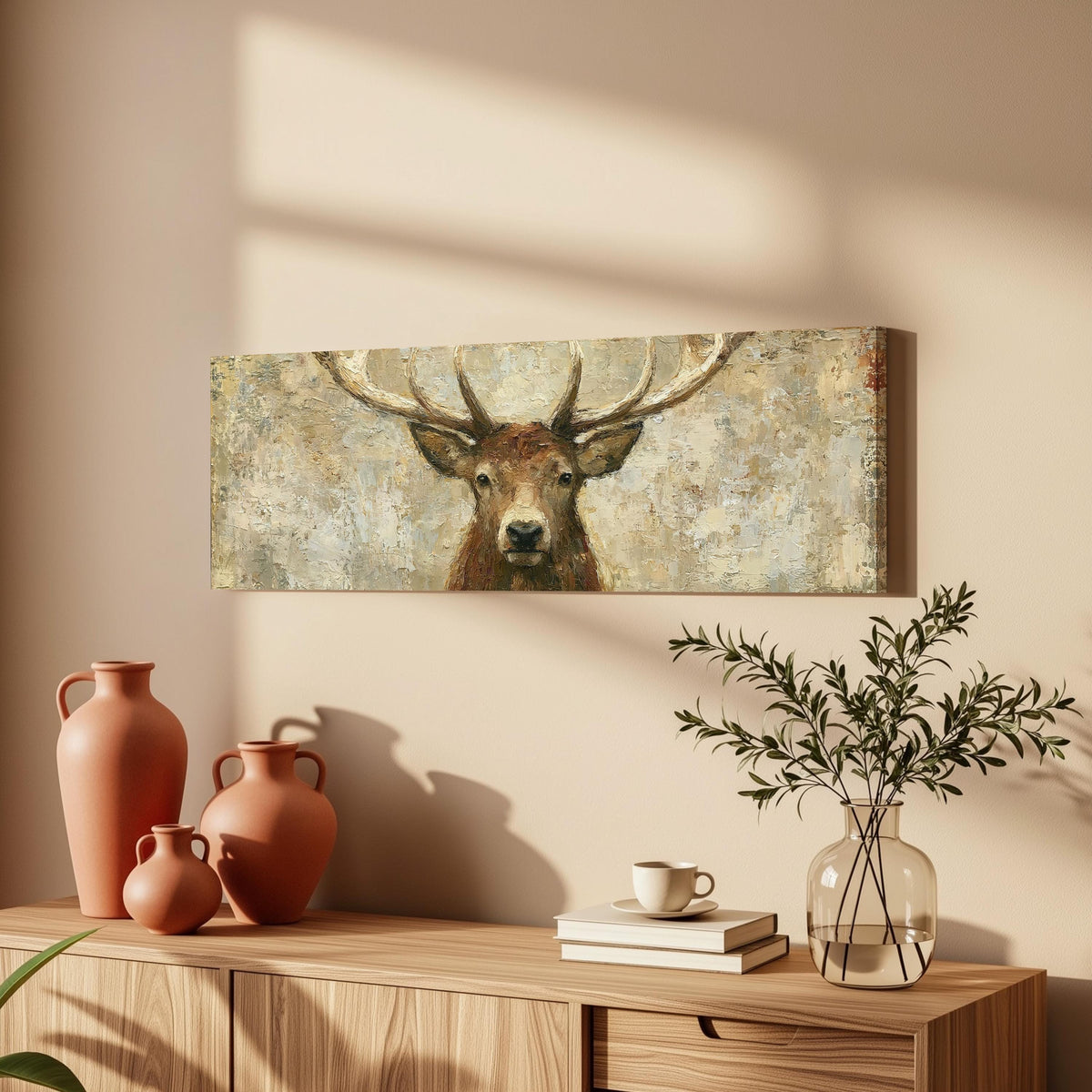Rustic stag portrait long horizontal canvas print above a wooden sideboard